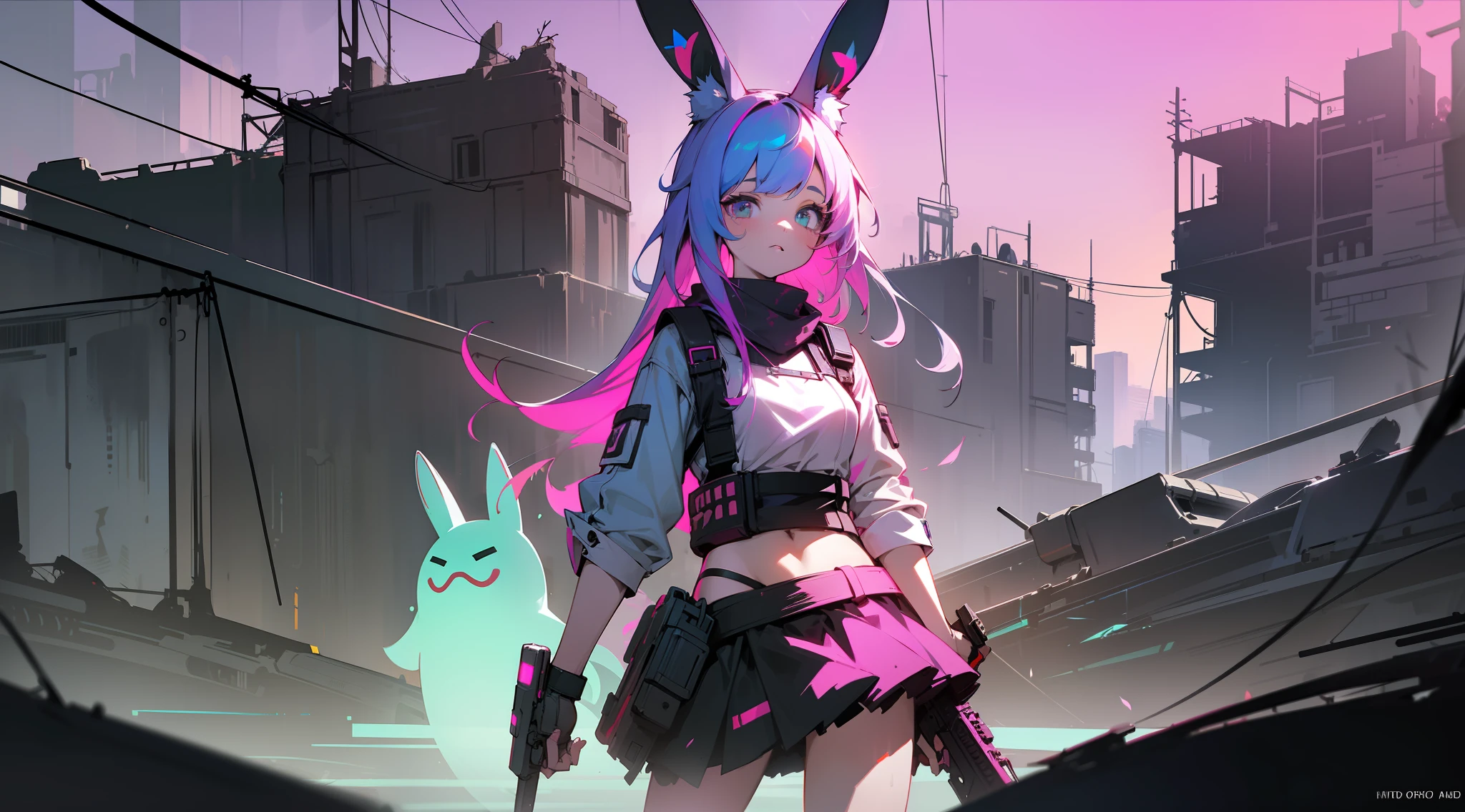 (Digital Art, Ultra HD, Ultra Detail Painting), (High Contrast), Cute Ghost, Gun, Concept Art, Spotlight, Girl in Colorful Skirt with Rabbit Ears, Rabbit Mask, Cyberpunk, Ruined Ruins, Battlefield, Neon Color, 16k, Wide Angle --auto --s2