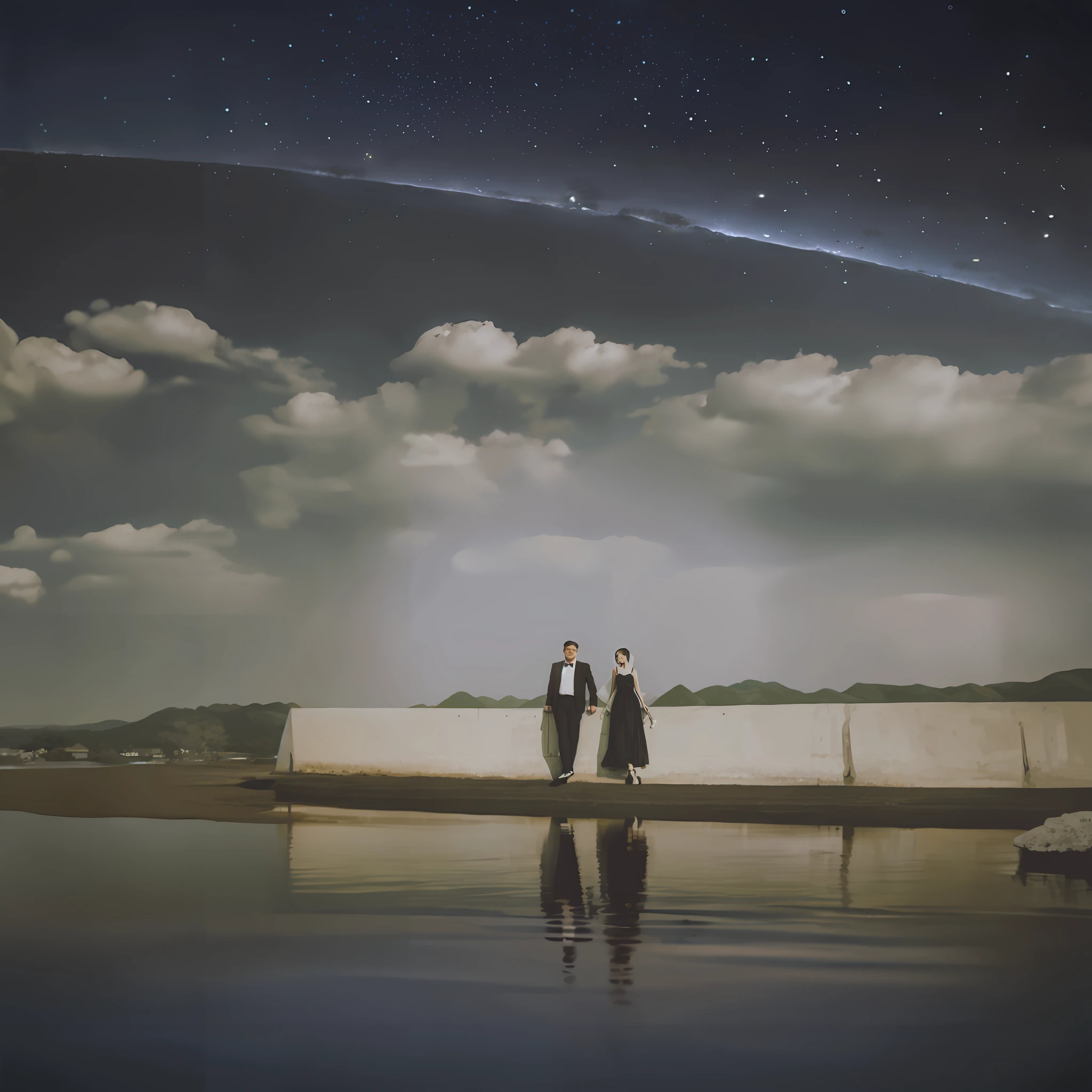 there are two men standing on a wall looking at the sky, strange portrait with galaxy, by Kiyohara Tama, standing in outer space, moonlight, surreal photo, photo 1 5 mm, by Tadashi Nakayama, cinematic photo, low angle photo, taken with sigma 2 0 mm f 1. 4, wide portrait, by Tadashige Ono