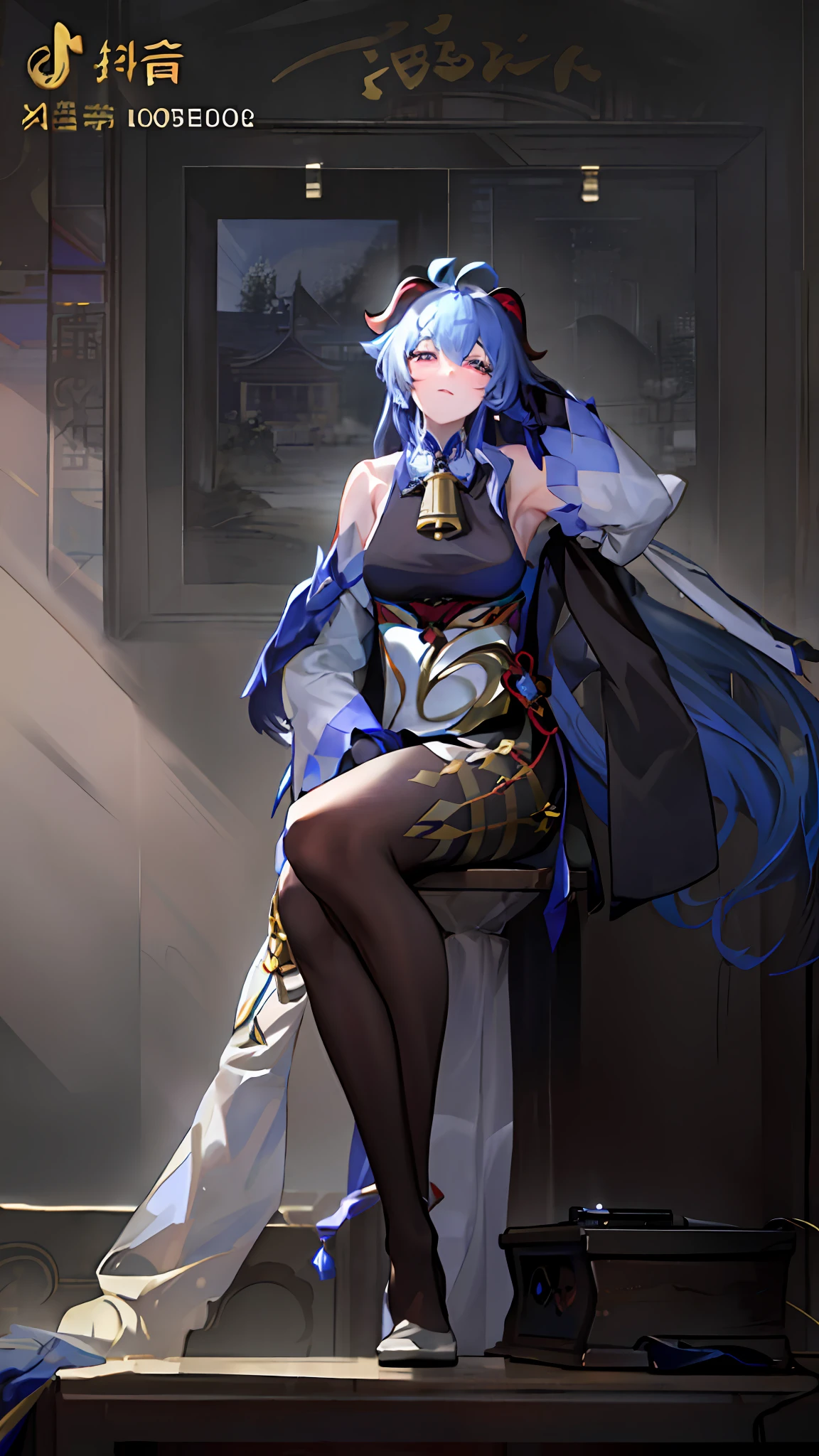 (photorealistic:1.4), (masterpiece, sidelighting, finely detailed beautiful eyes: 1.2), masterpiece*portrait, realistic, 3d face,
ganyu \(genshin impact\), 1girl, ahoge, architecture, bangs, bare shoulders, bell, black gloves, black pantyhose, (blue hair), blush, breasts, chinese knot, detached sleeves, flower knot, gloves, horns, long hair, looking at viewer, medium breasts, neck bell