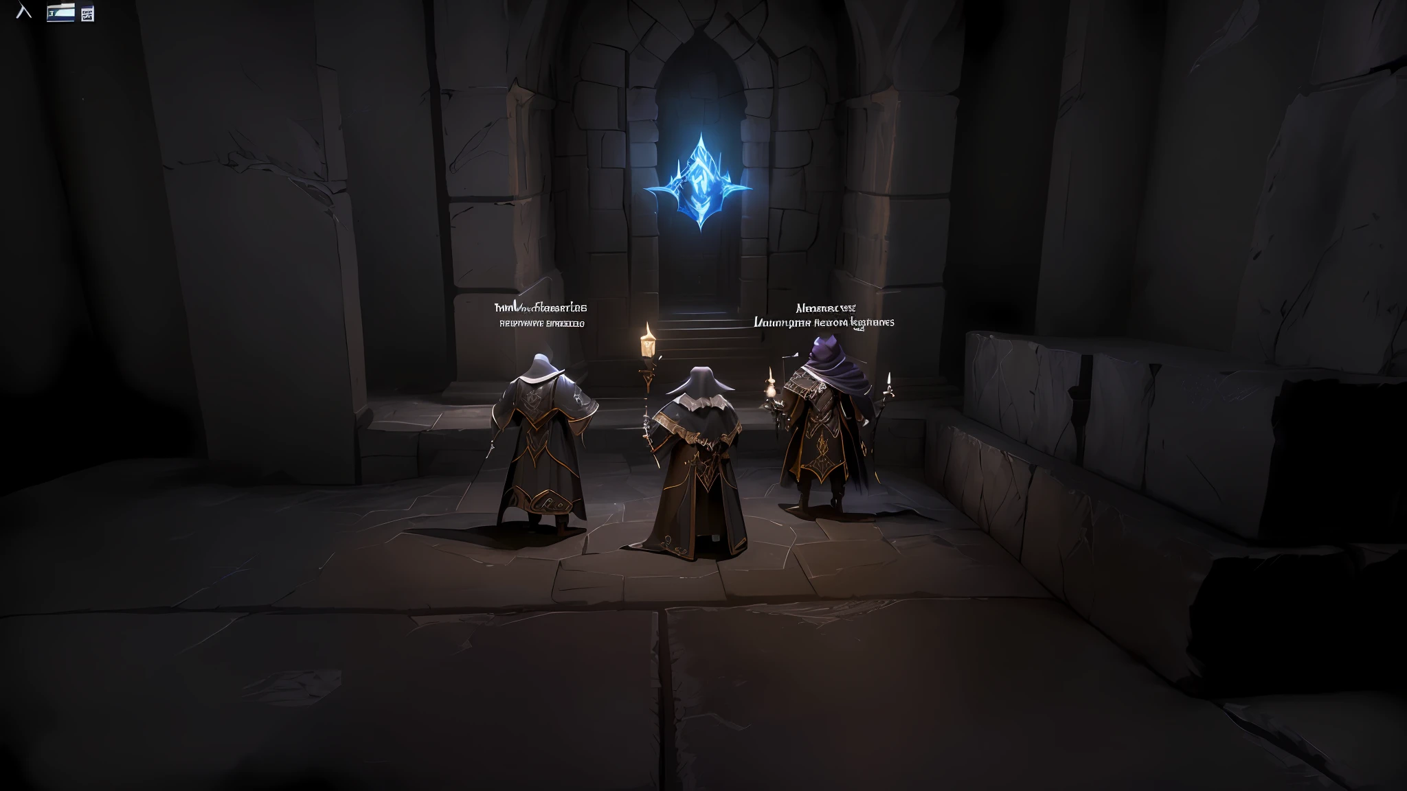 three knights in a dark room with a light shining on them, ferred - themed robes and hat, dark robes, grey tarnished robes, mages, wizard hat cinematic lighting, wearing robes of silver, black robes, intricate robes, dungeons, gloomhaven, dark ornate royal robes, wearing! robes!! of silver, flowing robes and leather armor, steal armors
