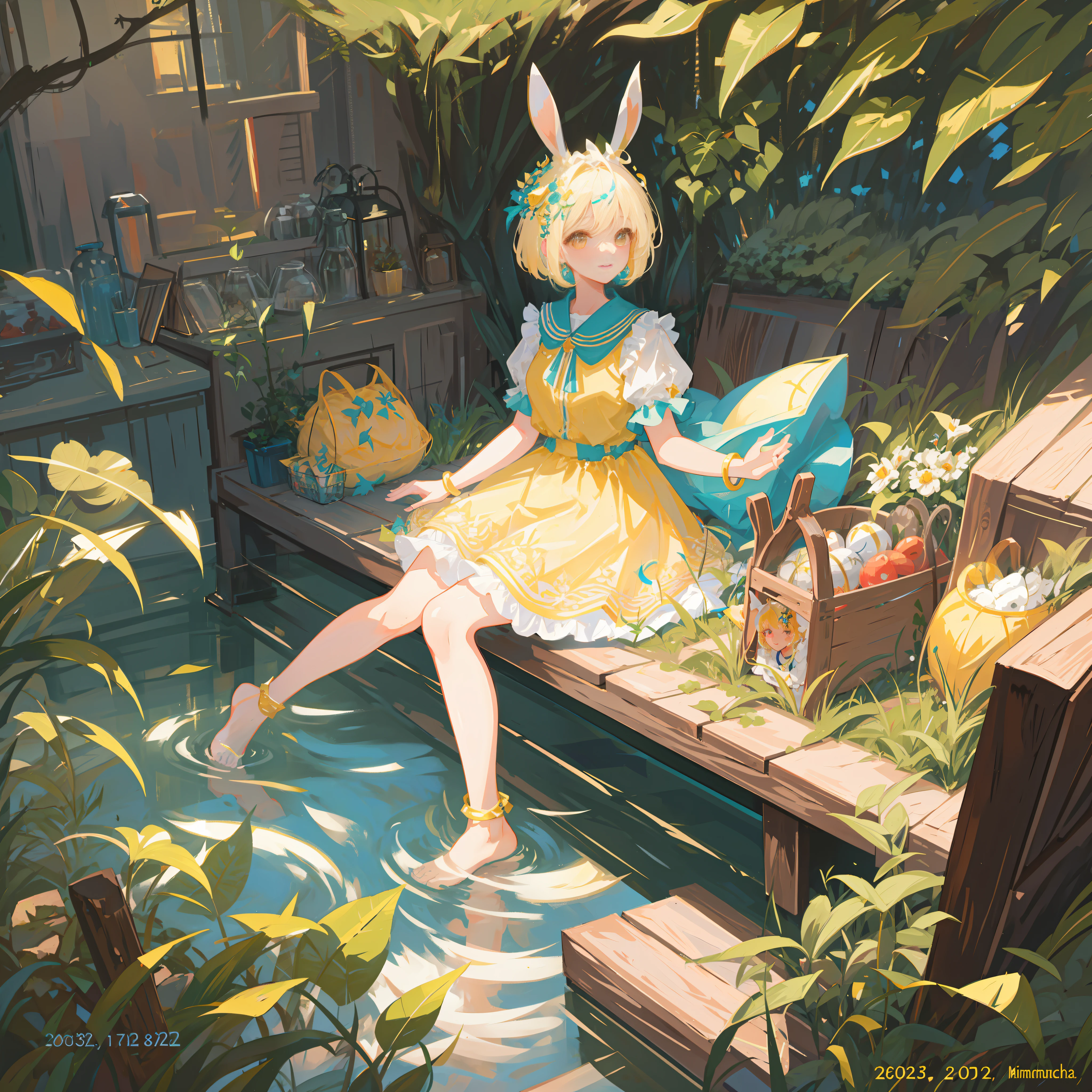 ((masterpiece,best quality)),,( (HD picture)),1girl, solo,((beatiful clear detailed face)),((beatiful detailed eyes)),(beautiful detailed eyelash),animal ears, rabbit, barefoot, knees up, dress, sitting, rabbit ears, short sleeves, looking at viewer, grass, short hair, smile, white hair, puffy sleeves, outdoors, puffy short sleeves, bangs, on ground, full body, vintage dress, sunlight, brown eyes, dappled sunlight, day, depth of field,, hair decoration,exquisite hair,intricate hair ornament, bracelets , soft lighting,gorgeous light and shadow, stunning environment,vibrant colors