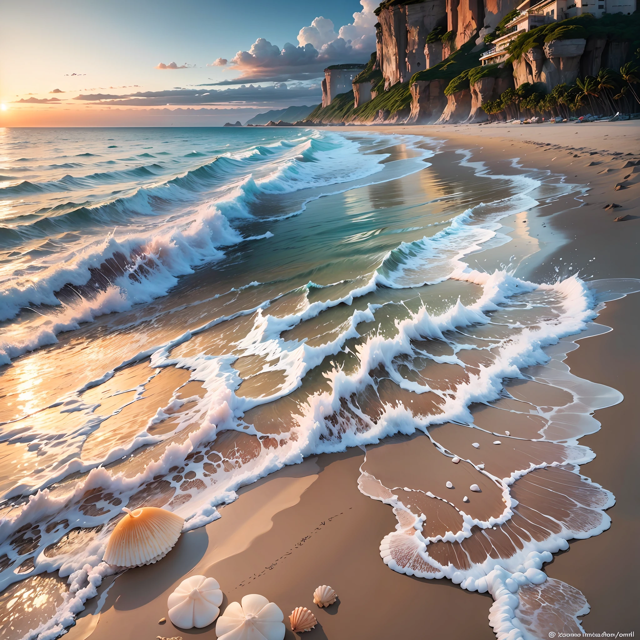 You are challenged to create a realistic image of a shell on the edge of the sea, on a beautiful beach with a lush landscape. The shell is white in color with a soft sheen and contains a delicate pearl inside. The crystal clear sea water is gently touching the shell, enveloping it with white foams and small drops of water. The sun is setting on the horizon, painting the sky with orange and gold hues, while its reflections shine on the surface of the sea. The beach is composed of fine, clear sand, decorated with shells and small waves crumbling into the sand. The surrounding landscape is lush, with coconut trees, tropical plants and distant mountains. Create an image that captures the serenity, natural beauty and harmony between the shell, the pearl, the sea and the beach, in a magical scene in the late afternoon." --auto --s2