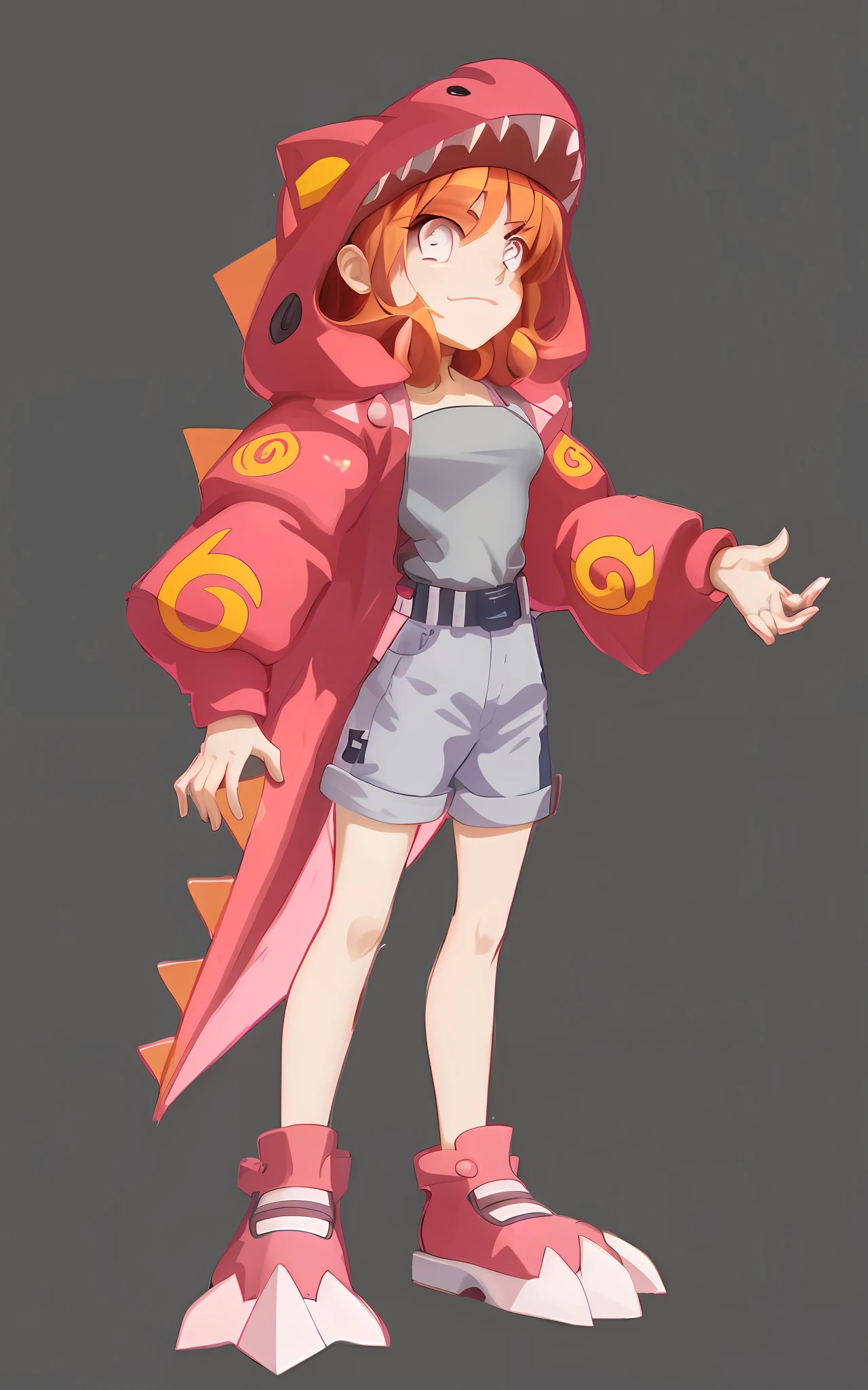A close-up of a cartoon character, cute, sunny heroine, pink dinosaur clothes and a red dinosaur hat, charming Angewoman Digimon, humanoid pink dinosaur girl, stylized anime, Gainax anime style, anime style characters, official character art, single character full body, Japanese and Korean style, extreme refinement, 4K HD rendering