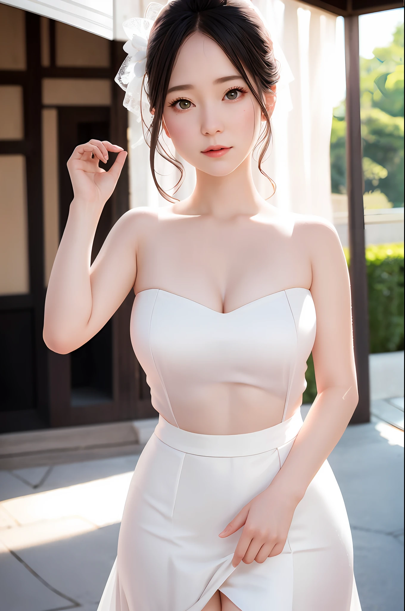 light pink wedding dress,white mini skirt,(sweat:0.7),woman,japanese,cute face, beautiful face,bare shoulders,shoulders all exposed,translucent skin,black eyes,black hair,(photorealistic:1.4),realistic details, high resolution,bokeh,outstanding details