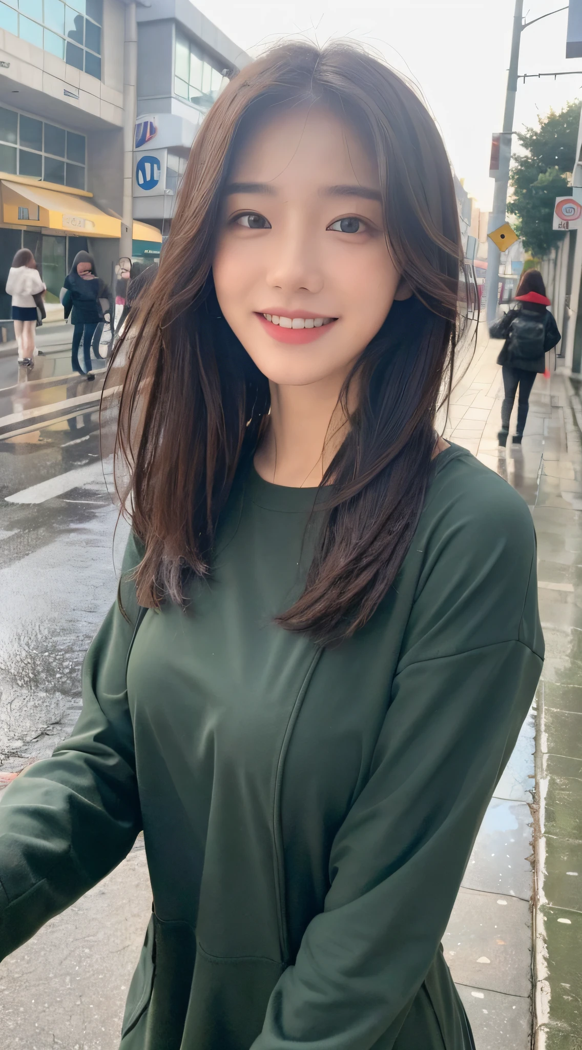 ((Best Quality, 8K, Masterpiece:1.3)), Focus: 1.2, Perfect Body Beauty: 1.4, Buttocks: 1.2, ((Layered Haircut, Breasts: 1.2)), (Wet Clothes: 1.1), (Rain, Street:1.3), Bandeau Dress: 1.1, Highly Detailed Face and Skin Texture, Fine Eyes, Double Eyelids, Whitening Skin, Long Hair, (Shut Up: 1.3), Smile