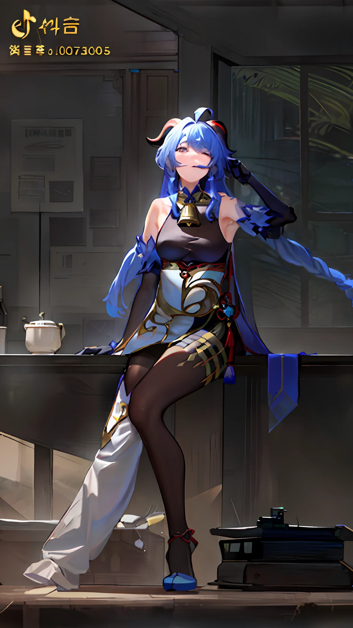 (photorealistic:1.4), (masterpiece, sidelighting, finely detailed beautiful eyes: 1.2), masterpiece*portrait, realistic, 3d face,
ganyu \(genshin impact\), 1girl, ahoge, architecture, bangs, bare shoulders, bell, black gloves, black pantyhose, (blue hair), blush, breasts, chinese knot, detached sleeves, flower knot, gloves, horns, long hair, looking at viewer, medium breasts, neck bell