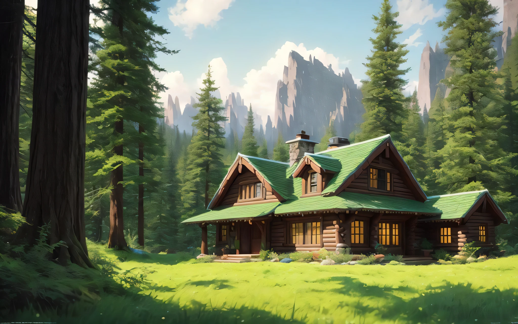 elf house, spruce forest, mountains, modelshoot style, (extremely detailed CG unity 8k wallpaper), most beautiful artwork in the world, green vale, pearl skin, professional majestic oil painting by Ed Blinkey, Atey Ghailan, Studio Ghibli, by Jeremy Mann, Greg Manchess, Antonio Moro, trending on ArtStation, trending on CGSociety, photorealistic painting art by midjourney and greg rutkowski