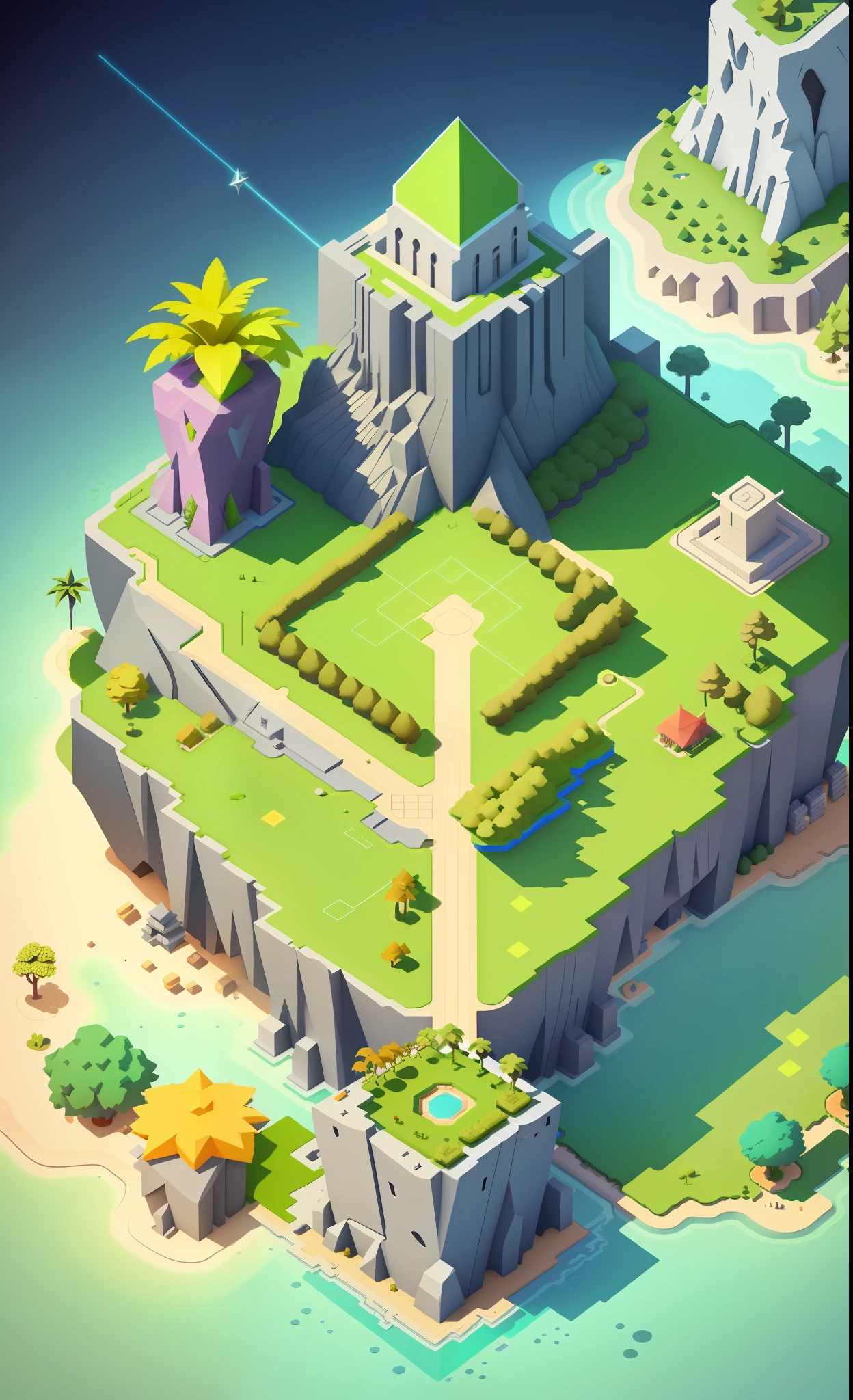 game map,( game concept art design:1.1), isometric art, (cartoon hand drawn style:1.2), simple geometry,(colorful:0.6),detail,flat game art,3d,low mesh, overlooking,viewed from above,plat,(bush,:1.2),(night:1.3),(interiors:1.3),surrounding walls, stone pillars, flat land in the middle, tropical rainforest, coconut trees, shrubs, grass,game engine rendering, super high quality rendering, crisp lines, geometry,masterpiece,best quality,official art,C4D,extremely detailed CGunity 8K wallpaper, highly detailed, illustration,unreal engine,artstation,unreal 5, daz, hyperrealistic, octane render, high-quality shadows,