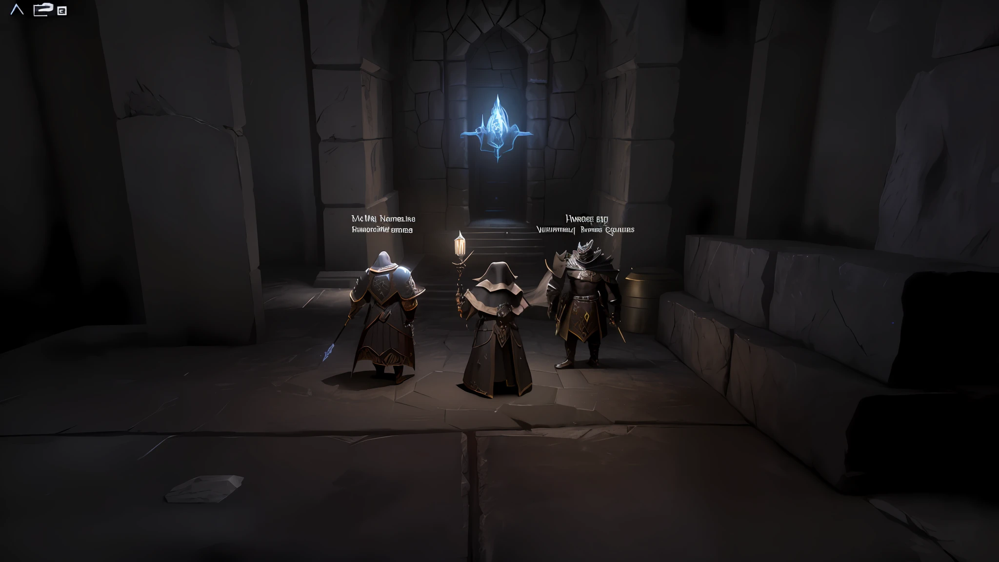 (cinematic, unreal engine, dark fantasy) Three warriors standing in a dark room with a light on, cinematic lighting, cave prison, inside a dungeon, in an ancient vault, adventuring party, set in bank vault room, with a creepy secret temple, the mines of moria, mines of moria, underground temple