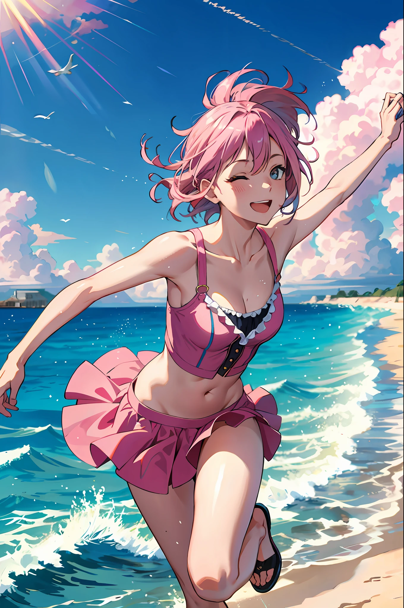 Ace, 4k, high resolution, masterpiece, best quality, model, joyful jump, seaside, sky, pretty, pink hair, turn a blind eye, splash