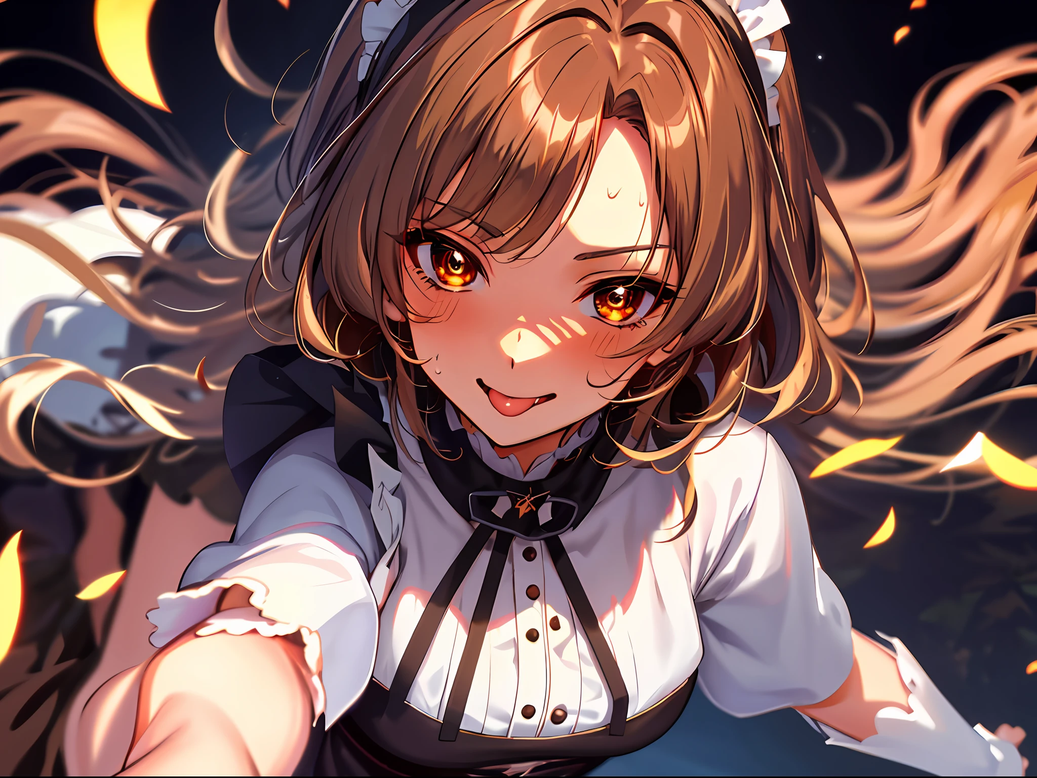 Starry eyes, it looks even more beautiful than immortal, ahoge, hair, star-shaped pupils, colored contact lenses, blush, high detail, anime, romanticism, modern, gothic art, anime style, movie lighting, ray tracing, motion line, first-person view, close-up, sony fe gm, uhd, high detail, best quality, 8k , Big breasts, light brown hair, amber eye, beautiful fingers, well-formed fingers, big smile, parfect anatomy, correct anatomy, perfect proportion, perfect face, perfect legs, close-up, sweat, cute, kiss, ripping shirt, hair band, shy, Licking, lyung on back, smirking at viewer, messy hair, light brown hair, amber aye, maid clothes, amber eyes, big smile, tongue out