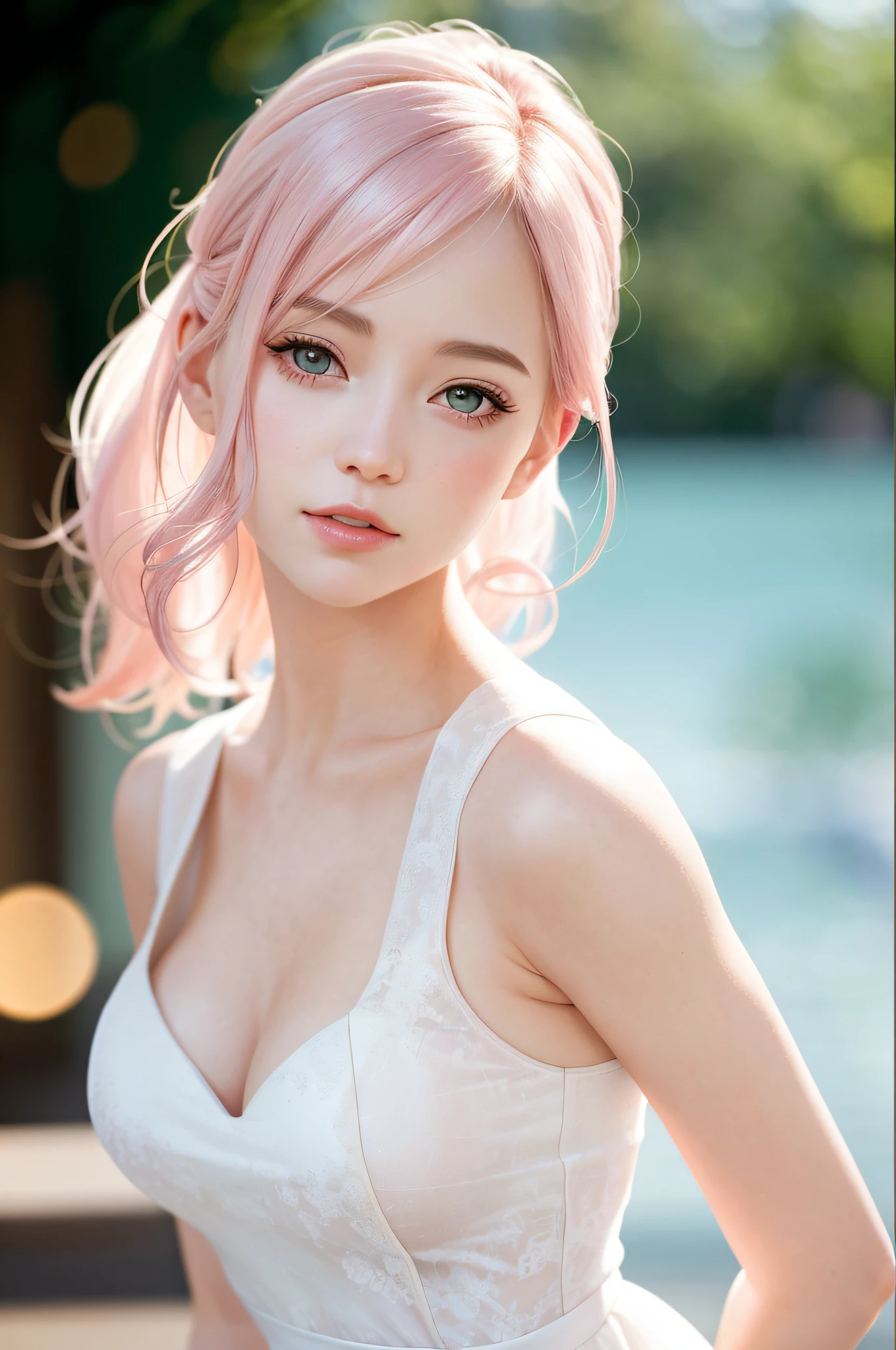 light pink wedding dress,white mini skirt,(sweat:0.7),woman,japanese,cute face, beautiful face,bare shoulders,shoulders all exposed,translucent skin,black eyes,black hair,(photorealistic:1.4),realistic details, high resolution,bokeh,outstanding details