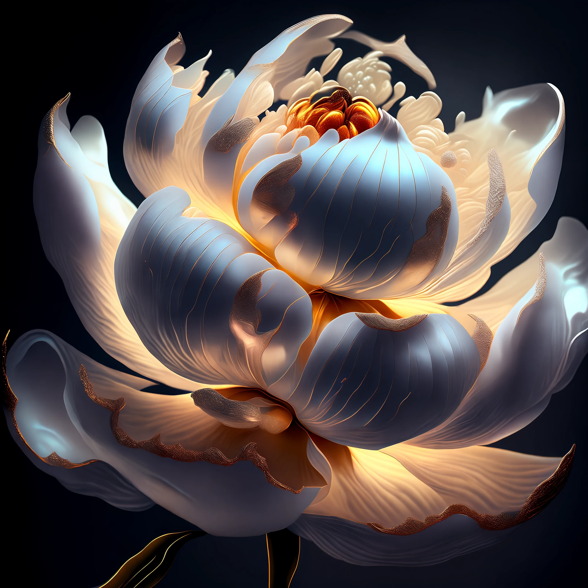 Graceful and luxurious peony flower, close-up, close-up of stamen, petals ultra-transparent, transparent petals, ultra-transparent, holy light, beautiful spectral light, petals glow, twinkle, dark background, transparent droplets, reflected light, bright, light inflow, optics, portrait silhouette, sharp focus, magical, intricate, sur-reality, fantasy, composition, light, artstation trend, pearl, patron cloud of silver steam, corrosion surround ray family, 8k, ureal ar 23v4 uplight