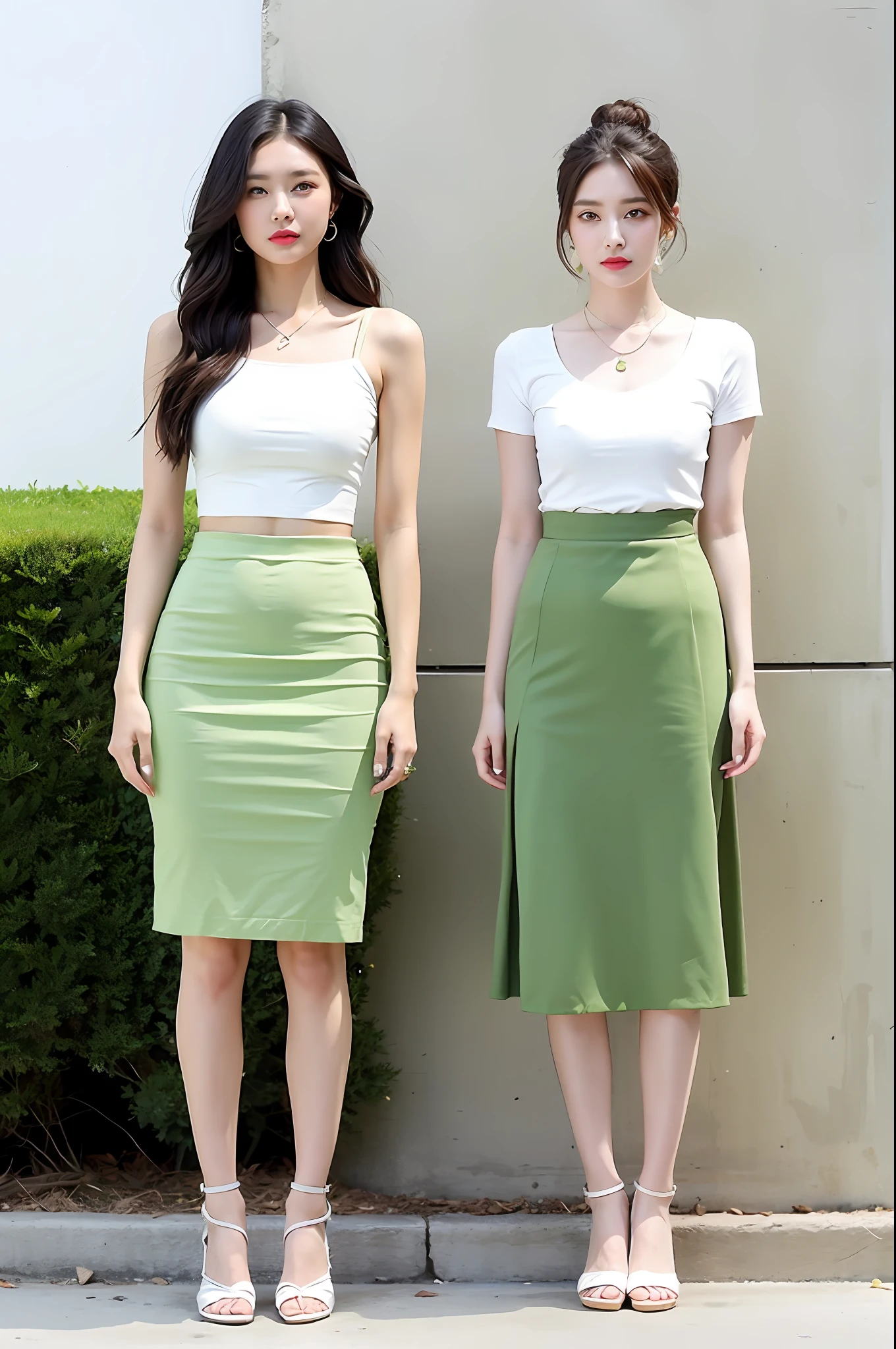 "A grass green midi skirt paired with a white top and oversized necklace, creates a playful and adorable look that is both fresh and cool for summer."