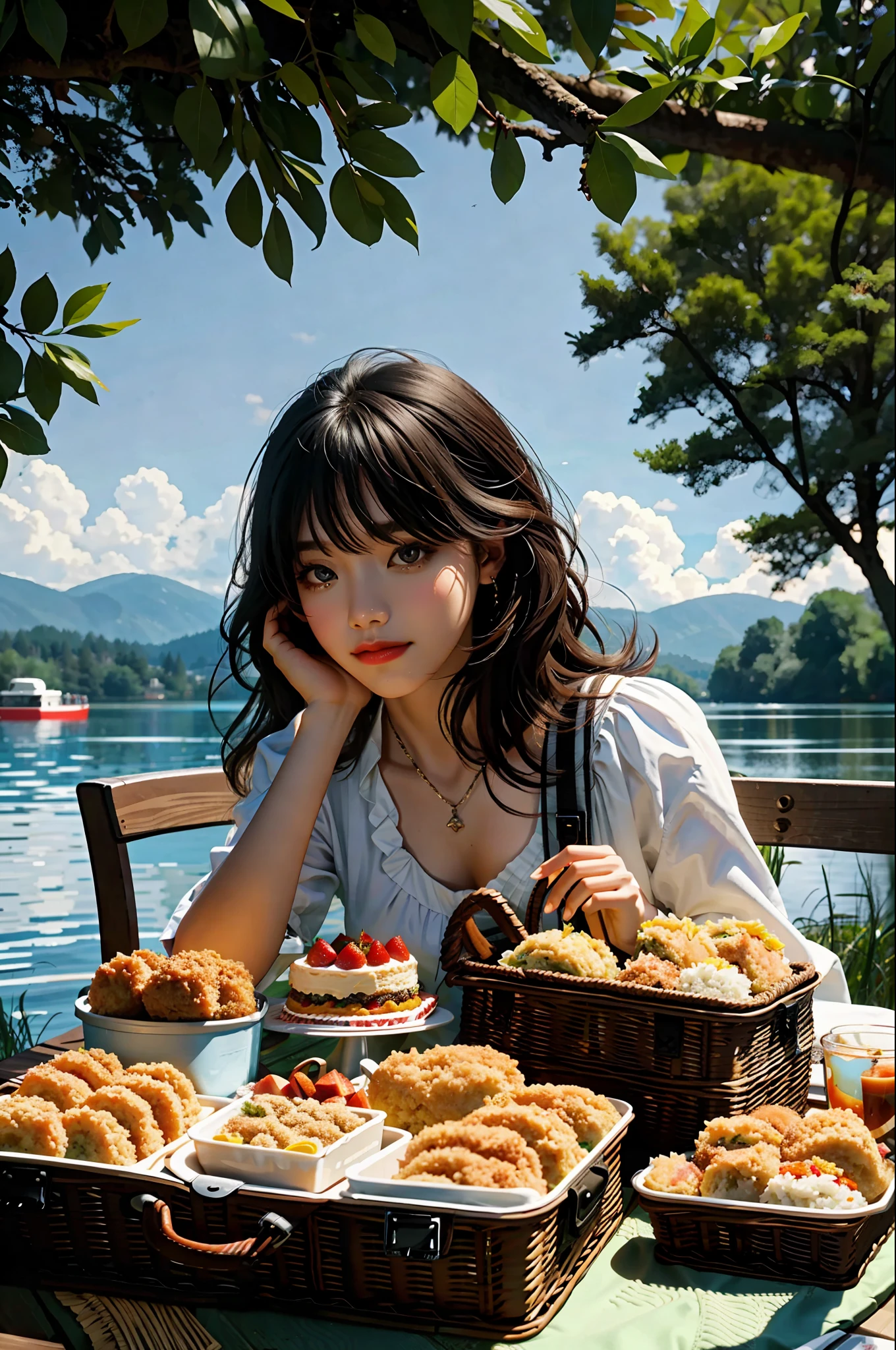fantastical, Nice lakeside, Have a picnic by the lake, picnic mat, Hamburg, Rice balls, Fried chicken, cake, cowboy shot, cinematic lighting, depth of field, Eye-Level Shot, Romanticism, UHD, masterpiece, anatomically correct, textured skin, award winning, best quality, highres