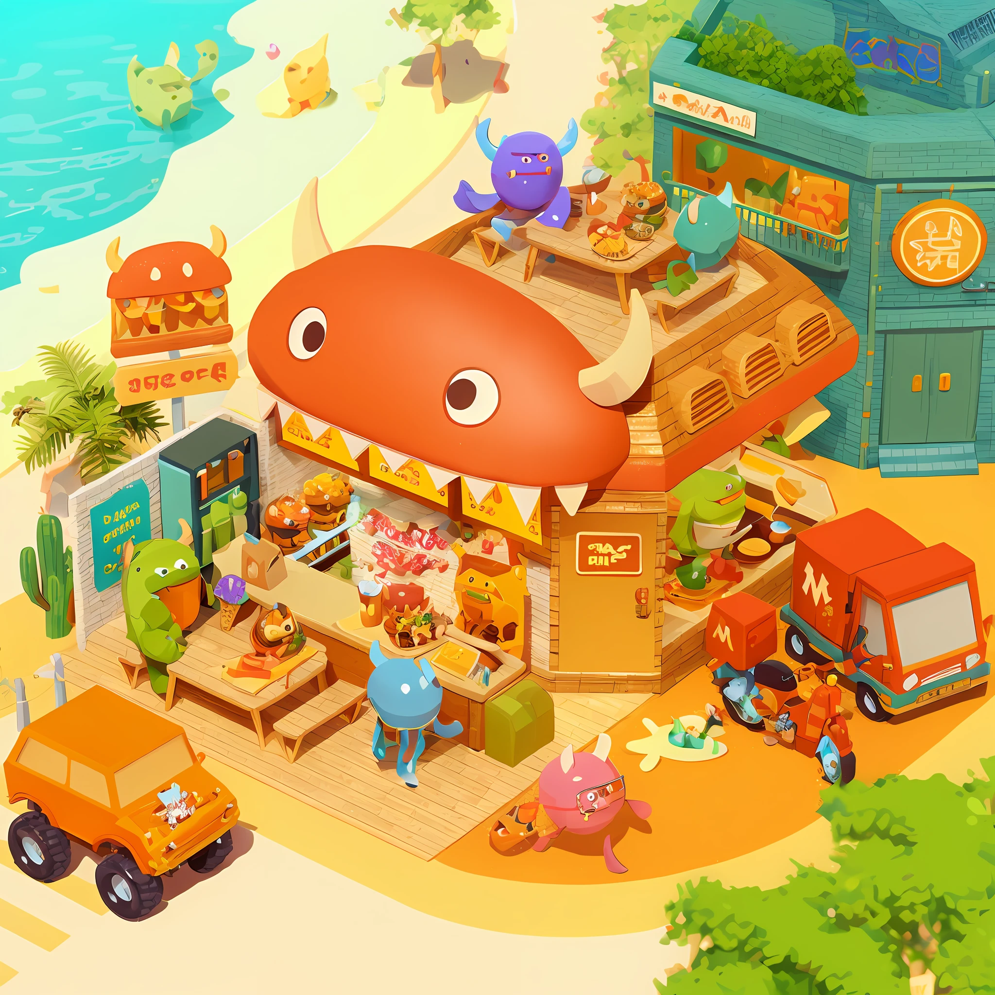 there is a cartoon picture of a restaurant with a whale on the roof, cute 3 d render, mobile game art, kawaii hq render, super detailed color lowpoly art, isometric illustration fun, detailed game art illustration, 2. 5 d illustration, by Tooth Wu, detailed 2d illustration, 3 d epic illustrations, isometric game art, cute detailed digital art
