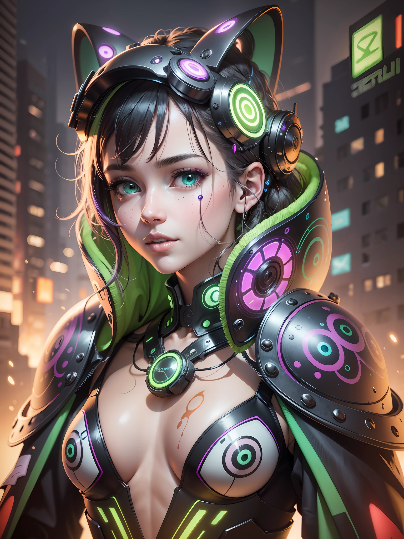 ((best quality)), ((masterpiece)), ((realistic)), colorful intricate highly detailed octopus girl,metal tenticals, happy face, glowing neon green and purple eyes,dripping green tenticals, neck surrounded by neon circle patterns,female face, , trending on artstation, illustration, very detailed, sharp focus, digital render, professional, 4K,Detailed,Realistic,4k highly detailed digital art,octane render, bioluminescent, BREAK 8K resolution concept art, realism,by Mappa studios,masterpiece,best quality,official art,illustration,ligne claire,(cool_color),perfect composition,absurdres, fantasy,focused,rule of third