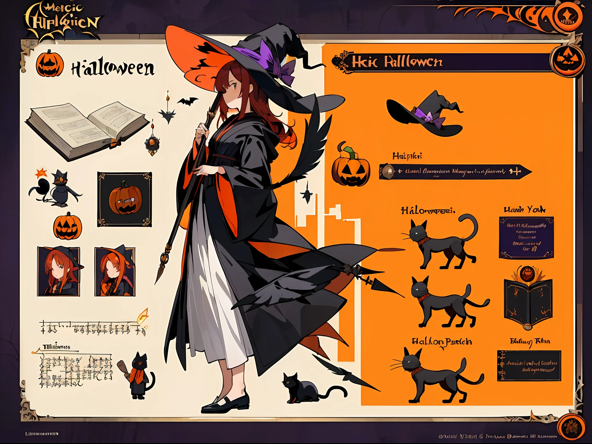 (Masterpiece, best quality) detailed, character sheet, character sheet, many items (same person witch hat, magic wand, Halloween pumpkin, black cat, magic book, robes, black feathers, decorations, many parts), witch, red hair, magic, full of details, many parts