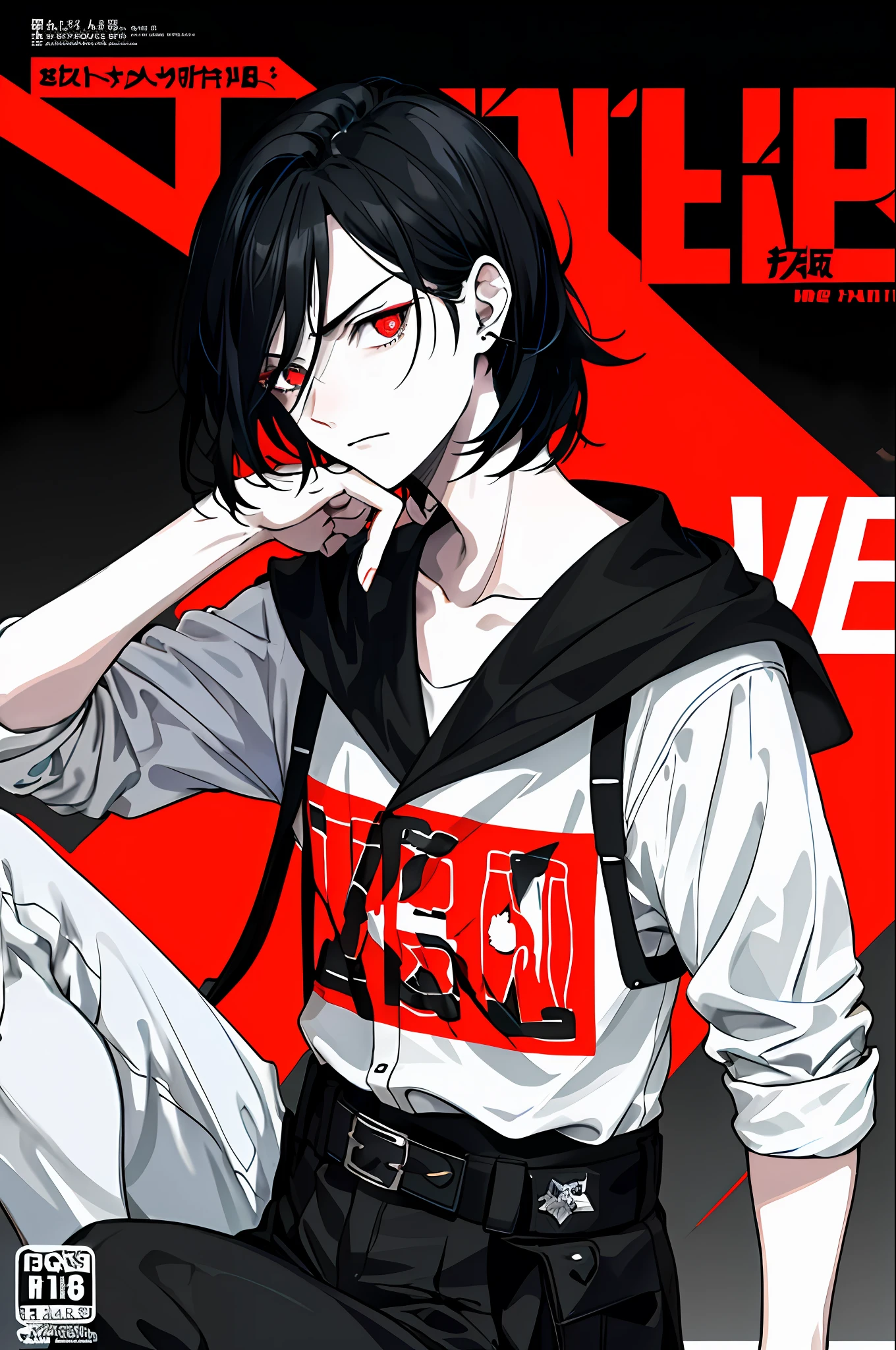 (((dramatic))), (((gritty))), (((intense))) The movie poster features a young man as the central character. Short black hair and red pupils, she stands confidently in the center of the poster, dressed in fashion-forward clothing, with no expression on her face, the background is dark and gritty, there is a sense of danger and intensity. The text is bold and eye-catching, with catchy slogans that add to the overall drama and excitement. The color palette is dominated by dark colors, dotted with bright colors, giving the poster a dynamic and visual impact, tachi-e (magazine:1.3), (cover-style:1.3), fashionable, woman, vibrant, outfit, posing, front, colorful, dynamic, background, element, confident, expressive, holding, statement, attachment, majestic, coiled, around, touch, scene, text, cover, bold, eye-catching, title, fashion, font, catchy, title, bigger, eye-catching, modern, trendy, focused, stylish,