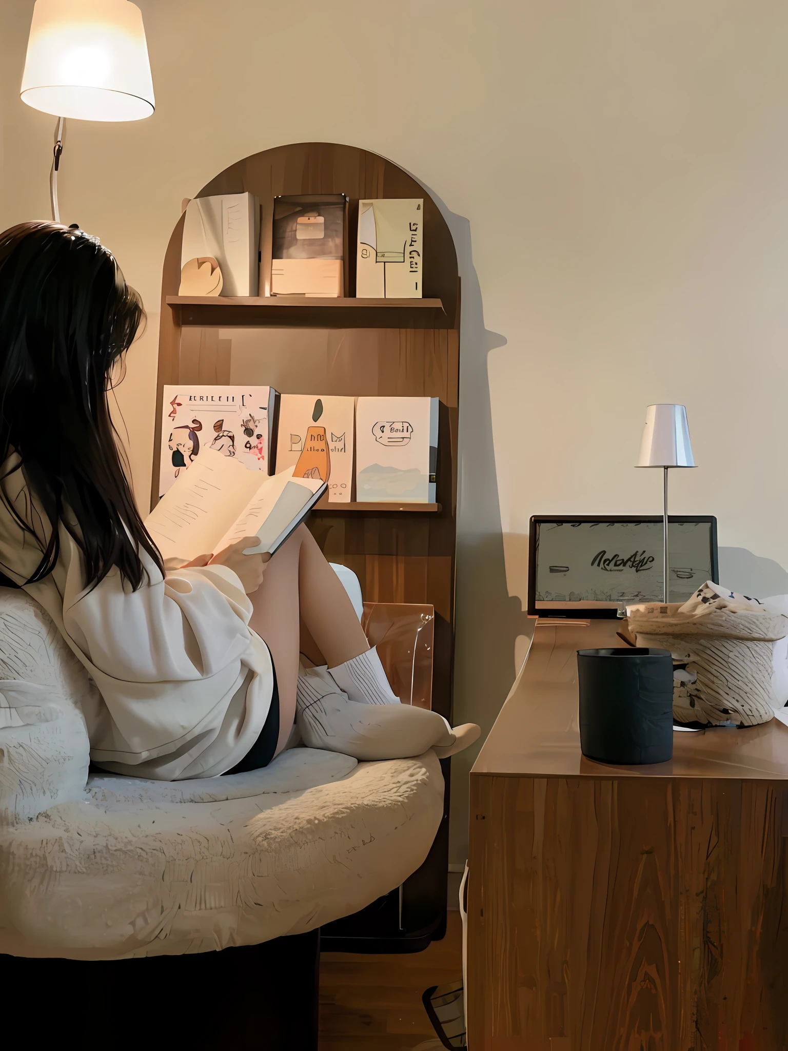Young woman, sitting at desk in bedroom, reading, desk with laptop, coffee, books, pen, warm colors, lazy style