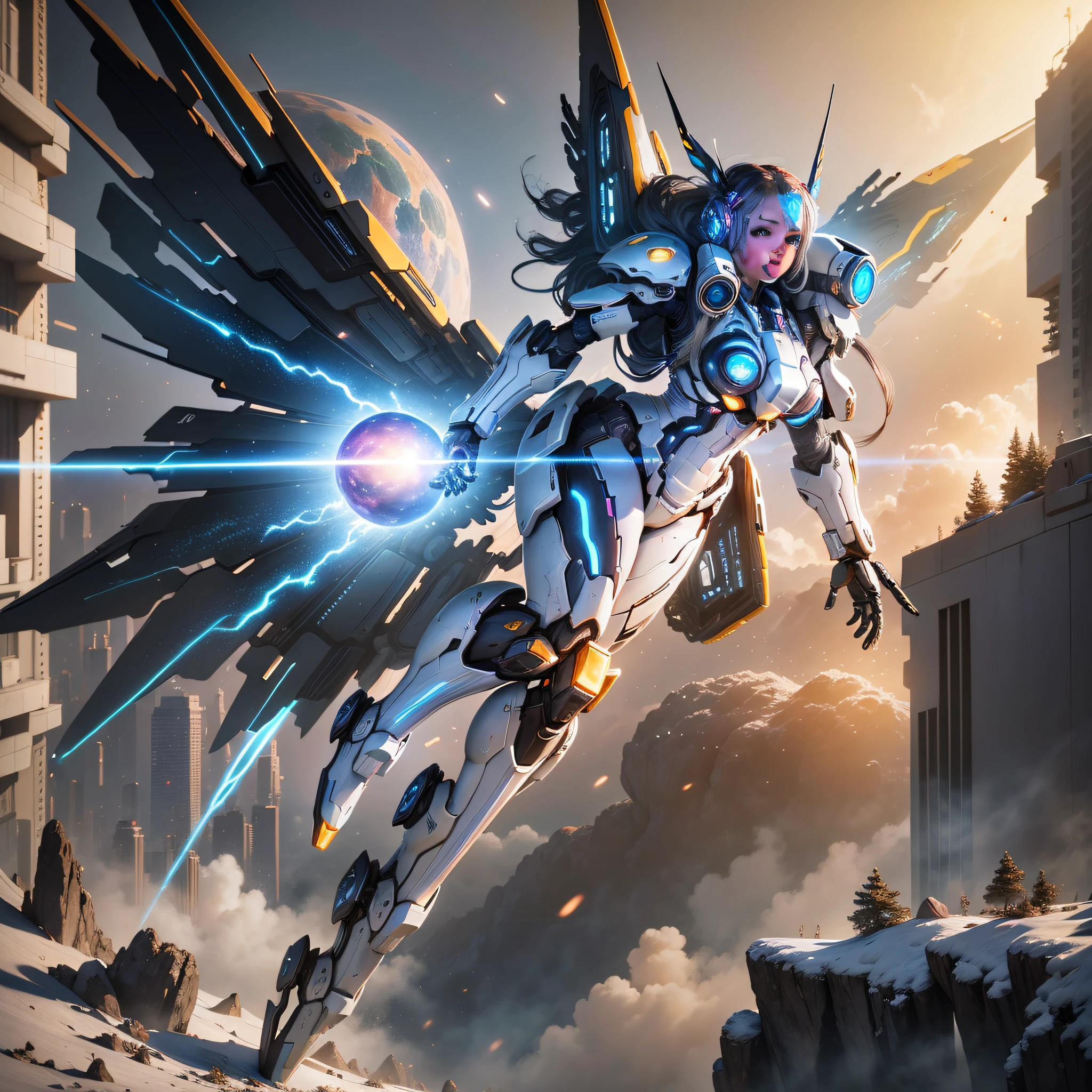 ((Best quality)), ((masterpiece)), (highly detailed:1.3), 3D, beautiful, (cyberpunk:1.2), in space, nebula, holding_weapon, (1Female mecha:1.3), facing the viewer, glowing eyes, full body, (flying, swooping down, dynamic, motion blur: 1.4), (huge mecha wings: 1.6), looking up, glowing_eyes, mecha, panorama, background is earth, nebula, space, particles, reality, HDR (High Dynamic Range), Ray Tracing, NVIDIA RTX, Super Resolution, Unreal 5, Subsurface Scattering, PBR Texturing, Post Processing, Anisotropic Filtering, Depth of Field, Maximum Clarity and Clarity, Multilayer Textures, Albedo and Specular map, Surface shading, accurate simulation of light-material interaction, perfect proportion, Octane Render, two-tone lighting, large aperture, low ISO, white balance, rule of thirds, 8K RAW, efficient sub-pixel, sub-pixel convolution,