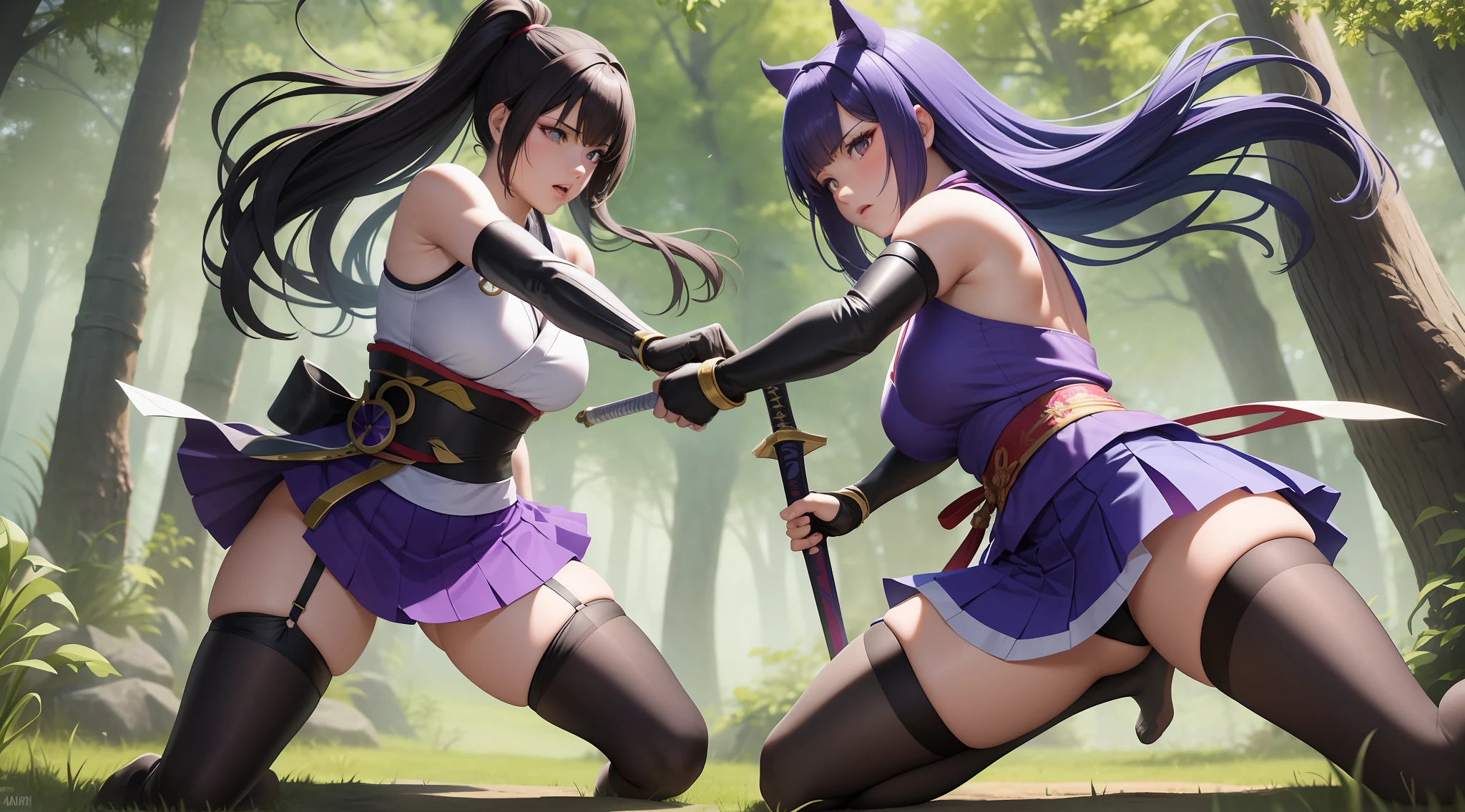 Full body shot from head to feet, two adult female character from Dead or Alive. A thrilling and intense masterpiece depicting a deadly duel between Kasumi and Ayane, both expert swordswomen, with the fight reaching a climactic moment of truth. The dynamic action capture the moment as Ayane takes a lethal blow and succumbs to her injuries, leaving Kasumi as the sole victor in this high-stakes battle. Kasumi have loose brown long hair. Ayane have loose deep purple long hair. Kasumi wear sleeveless kimono, obi tied on the back hip, black long gloves, short skirt, and black thigh highs. Ayane wear sleeveless kimono, obi tied on the back hip, black long gloves, short skirt, and black thigh highs. Backgroud set on lush forest, with no effect.