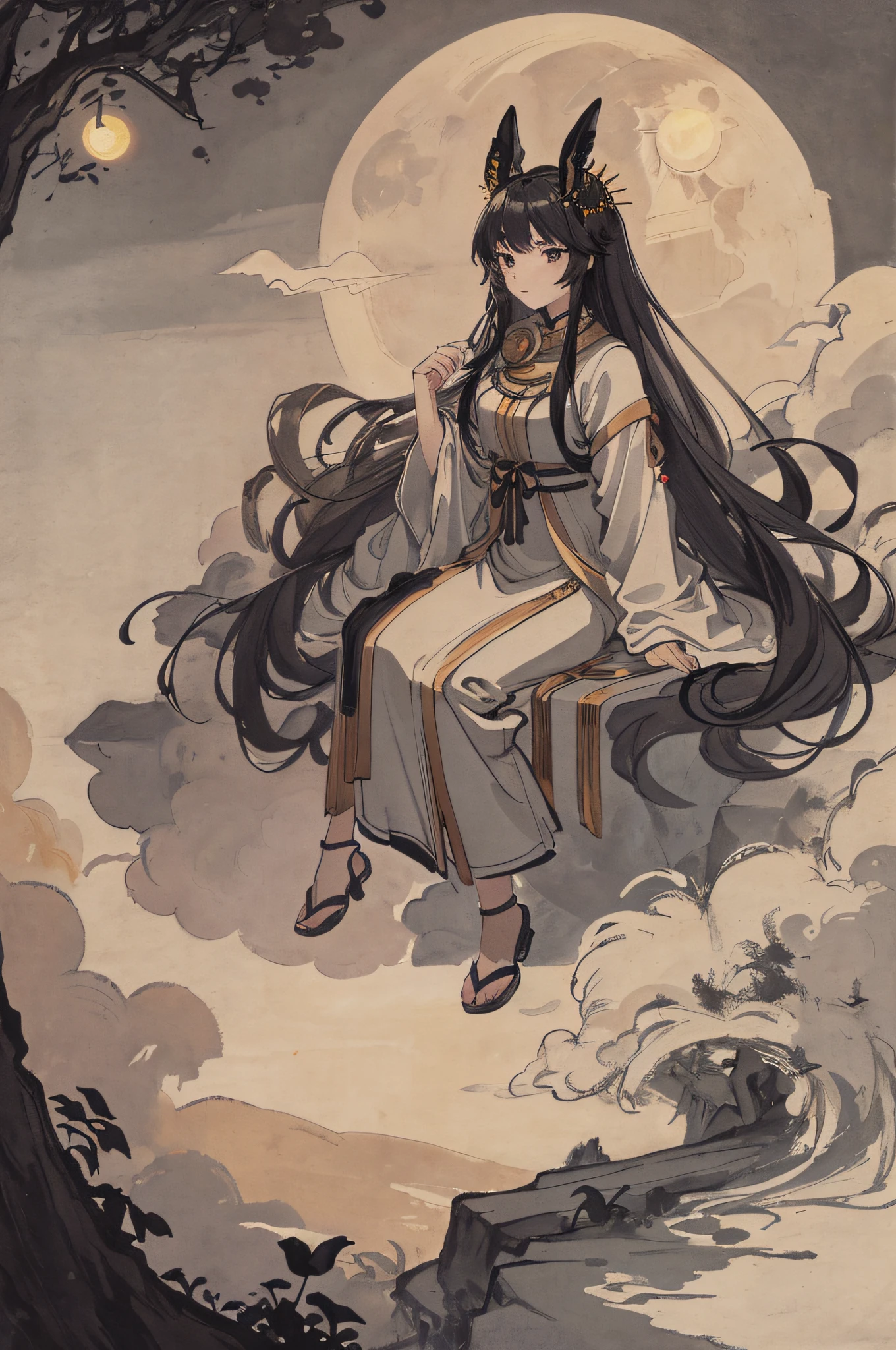 Masterpiece, best quality, night, hills, clouds, full moon, long hair, woman, silhouette, fireflies.