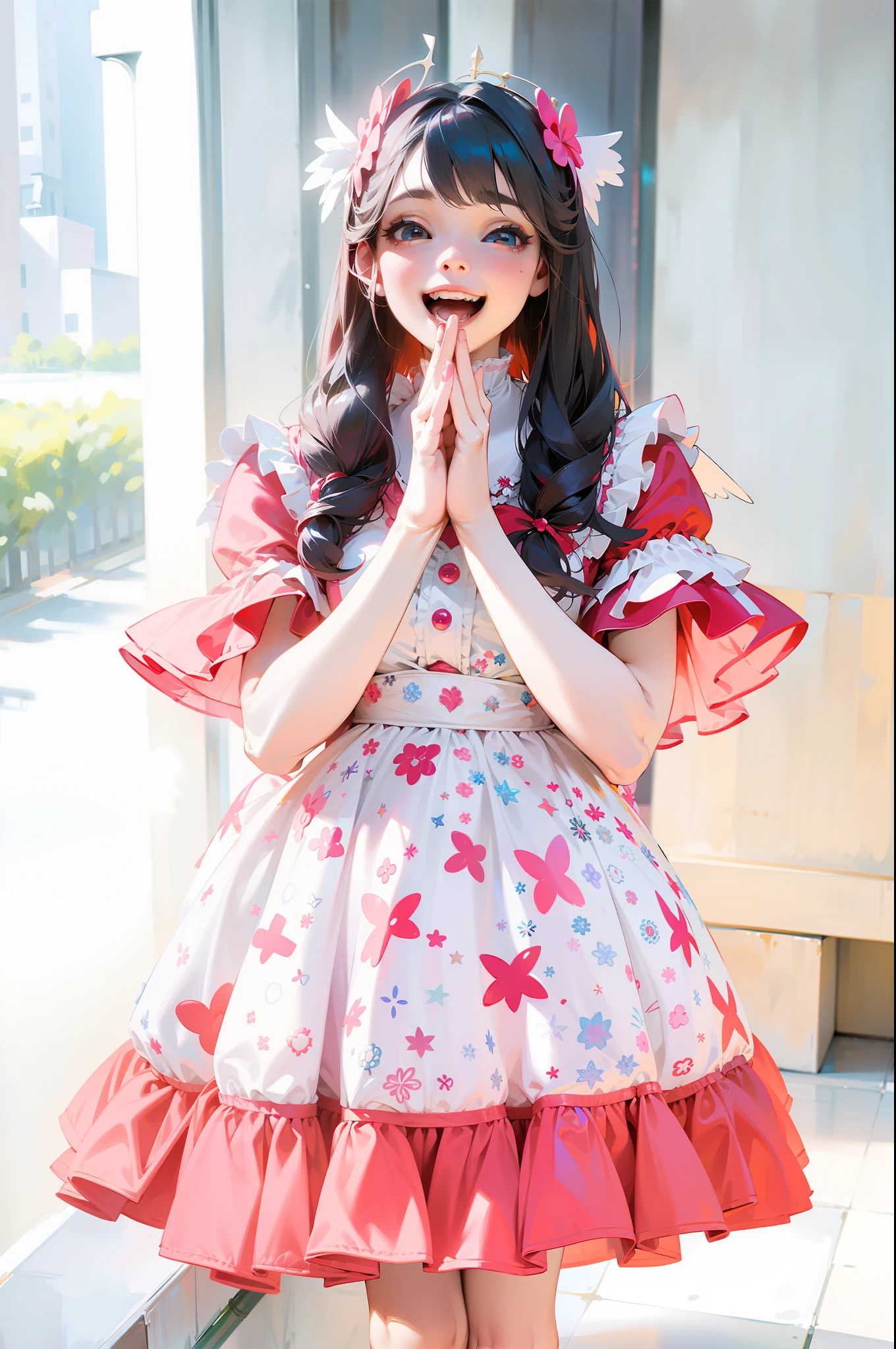 Pretty girl in red and white dress, , angelic pretty, Belle Delphine, Portrait of magical Lolita girlrtrait of radical Lolita girl, lang with open mouth, hands together