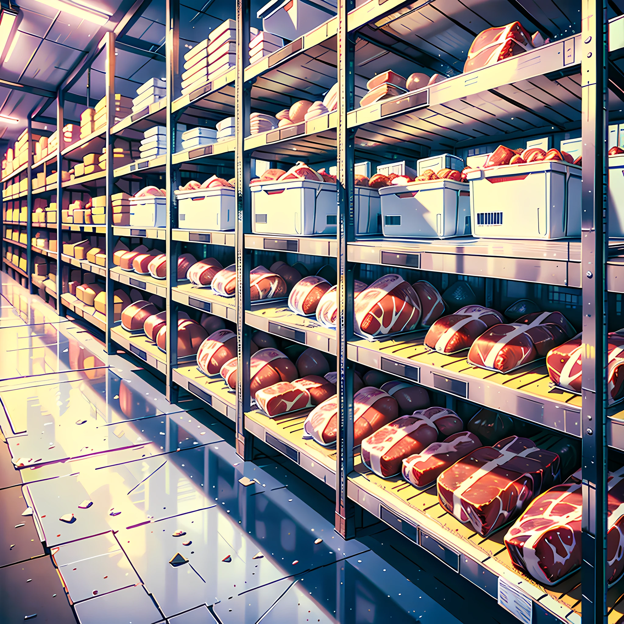 In pure white warehouses, piled with meat, super high detail, highly real, 4K, chiaroscuro, super detail