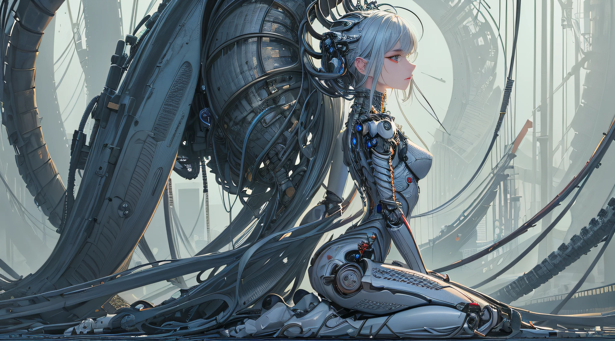 (((masterpiece))), (((best quality))), ((ultra-detailed)), (highly detailed CG illustration), ((an extremely delicate and beautiful)),(from side),cinematic light,((1mechanical girl)),solo,full body,(machine made joints:1.2),((machanical limbs)),(blood vessels connected to tubes),(mechanical vertebra attaching to back),((mechanical cervial attaching to neck)),(sitting),expressionless,(wires and cables attaching to neck:1.2),(wires and cables on head:1.2)(character focus),science fiction,extreme detailed,colorful,highest detailed