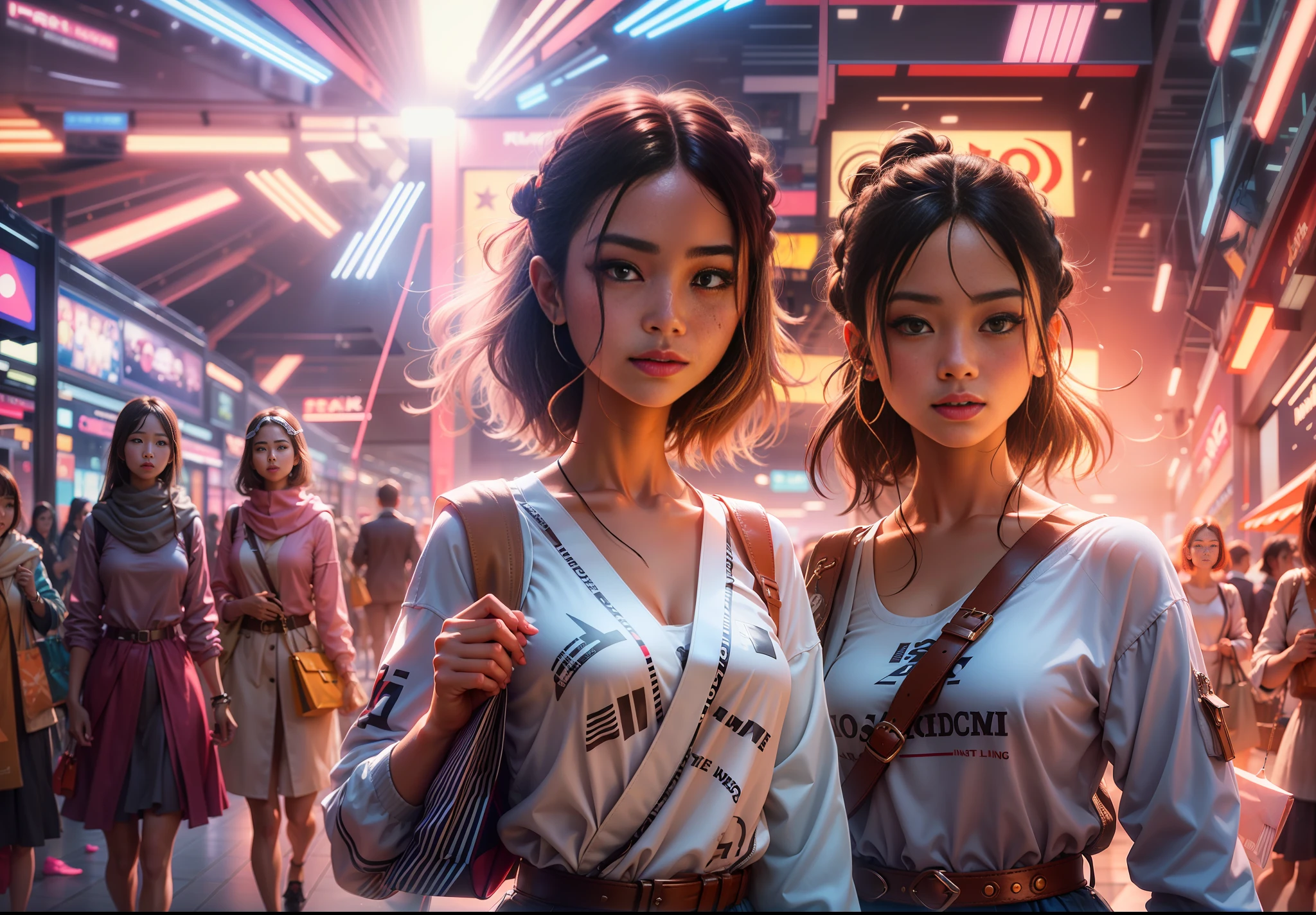 A modern shopping mall. Girls wearing fashionable clothes, Hand-held shopping bags, The face reveals a temperament of excitement and satisfaction., lens flare, bokeh, Wide-Angle, f/16, 35mm, Sony FE GM, Fujicolor, god rays, chiaroscuro