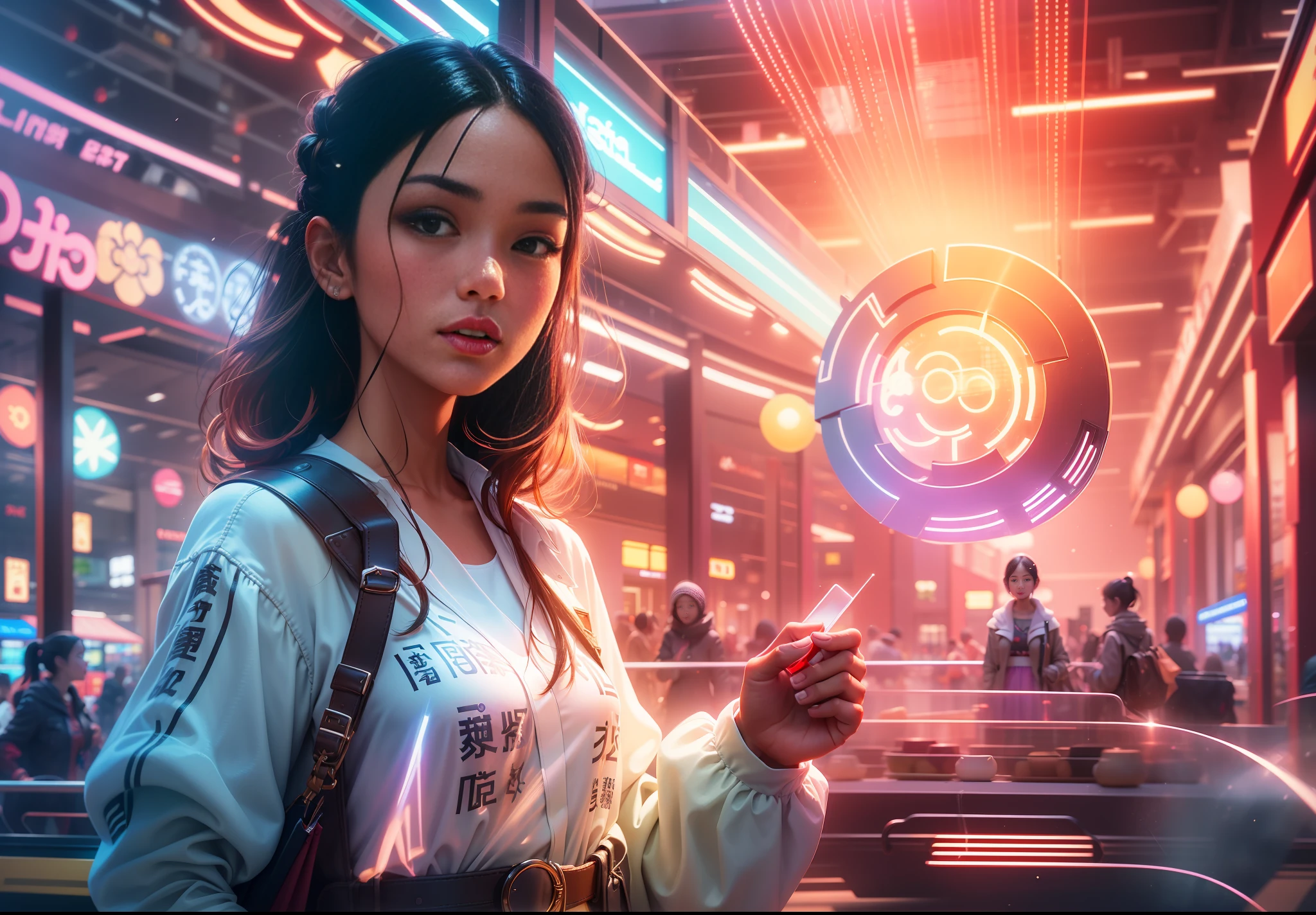 A modern shopping mall. Girls wearing fashionable clothes, Hand-held shopping bags, The face reveals a temperament of excitement and satisfaction., lens flare, bokeh, Wide-Angle, f/16, 35mm, Sony FE GM, Fujicolor, god rays, chiaroscuro