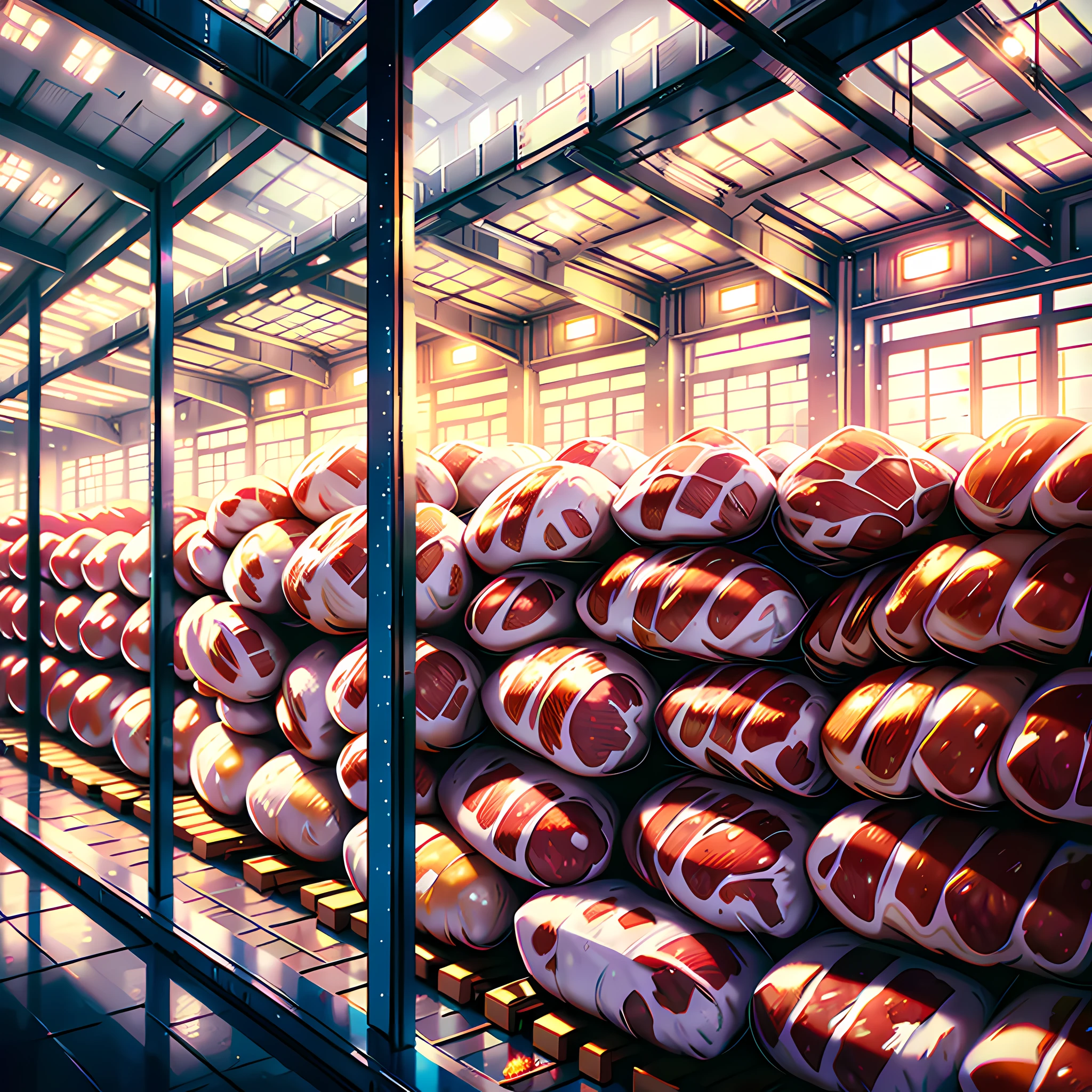In pure white warehouses, piled with meat, super high detail, highly real, 4K, chiaroscuro, super detail