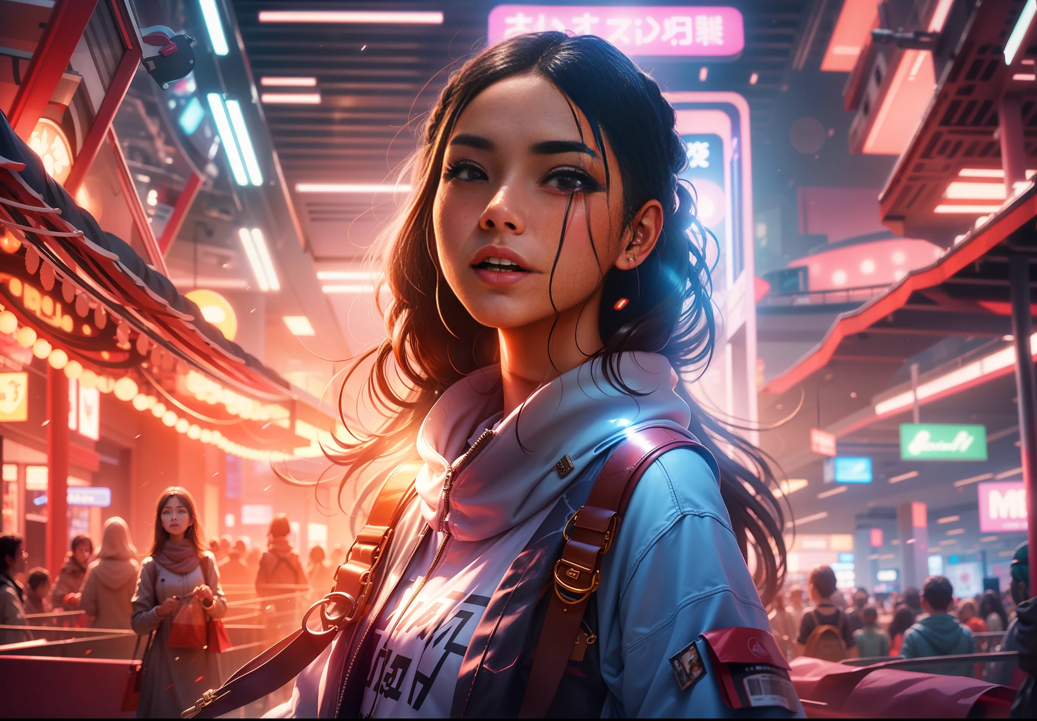 A modern shopping mall. Girls wearing fashionable clothes, Hand-held shopping bags, The face reveals a temperament of excitement and satisfaction., lens flare, bokeh, Wide-Angle, f/16, 35mm, Sony FE GM, Fujicolor, god rays, chiaroscuro