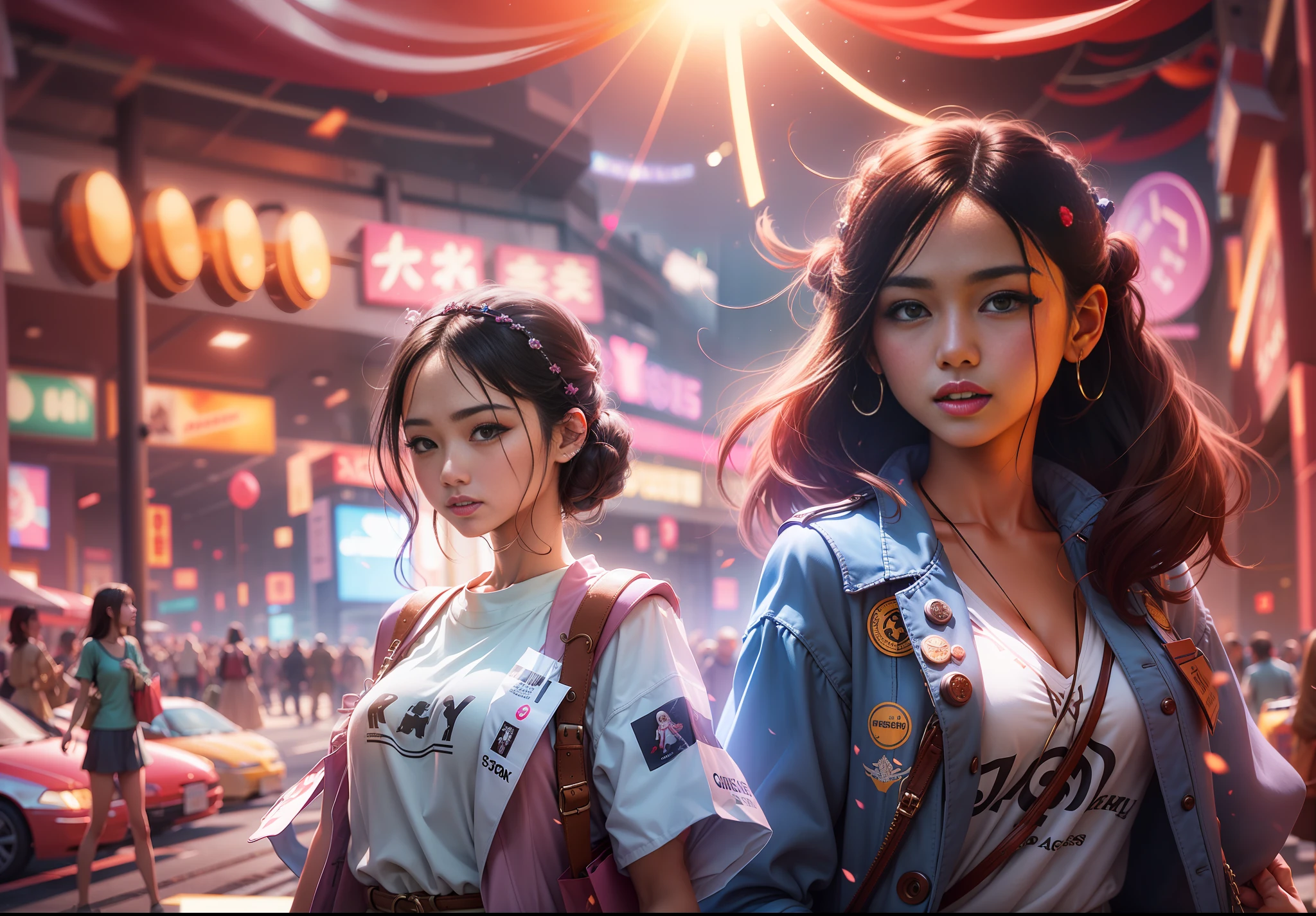 A modern shopping mall. Girls wearing fashionable clothes, Hand-held shopping bags, The face reveals a temperament of excitement and satisfaction., lens flare, bokeh, Wide-Angle, f/16, 35mm, Sony FE GM, Fujicolor, god rays, chiaroscuro
