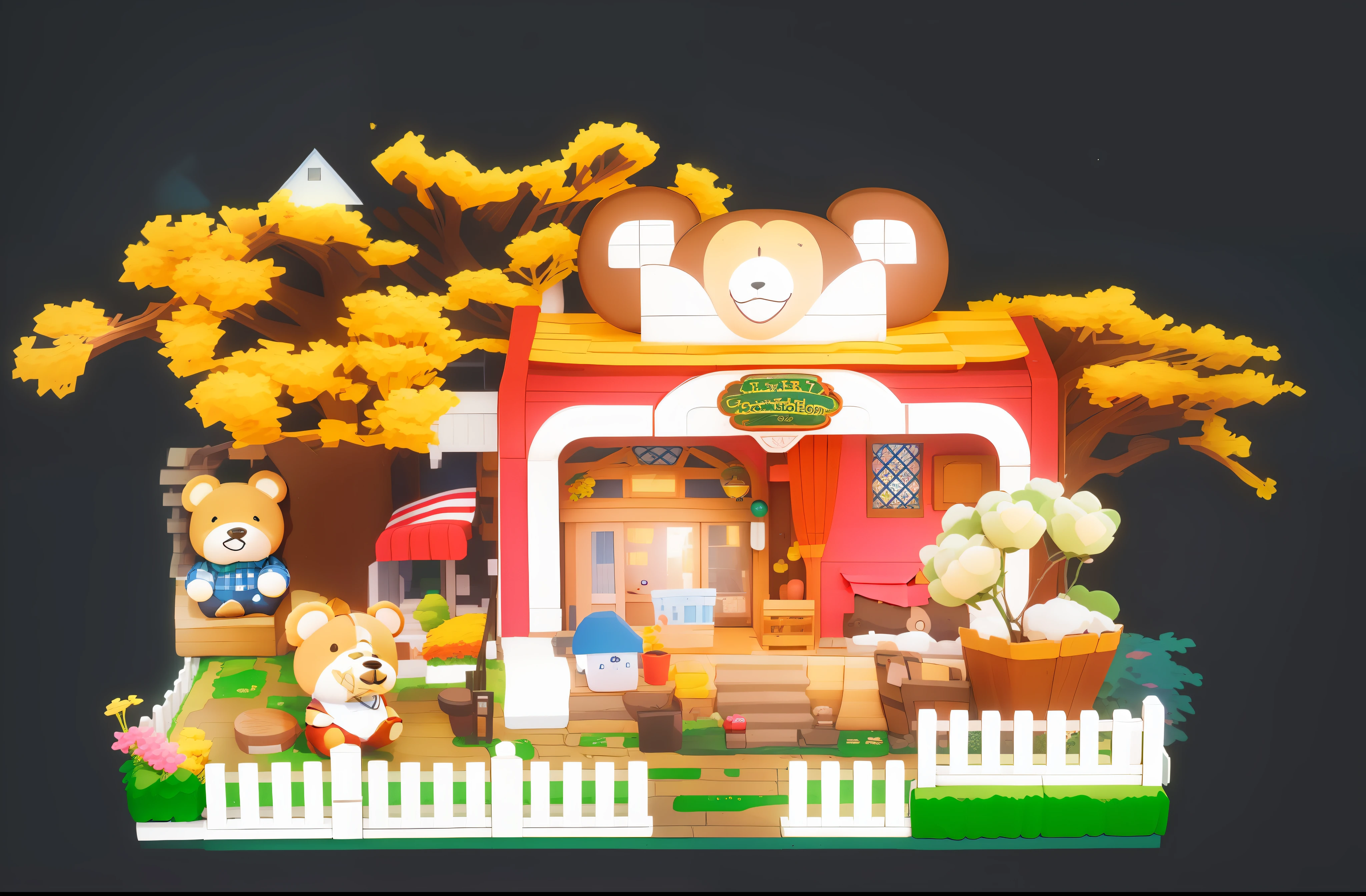 there is a cartoon picture of a house with a teddy bear and a bear, hyper detailed scene, animal crossing style, highly detailed scene, cottage town, in style of south park, donald trump in animal crossing, maplestory mouse, cut-scene, town center background, style of maple story, detailed scene, immensely detailed scene, celebrity, kawaii hq render, flat illustration