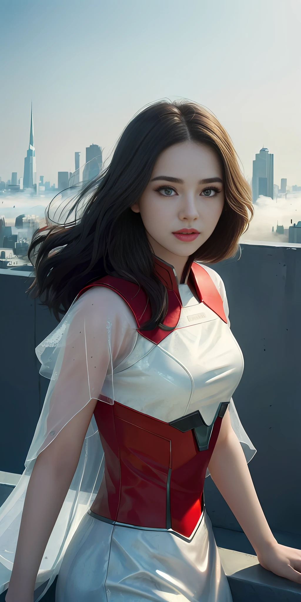 (1girl:1.3), Solo, (((Very detailed face)))), ((Very detailed eyes and face)))), Beautiful detail eyes, Body parts__, Official art, Unified 8k wallpaper, Super detailed, beautiful and beautiful, beautiful, masterpiece, best quality, original, masterpiece, super fine photo, best quality, super high resolution, realistic realism, sunlight, full body portrait, amazing beauty, dynamic pose, delicate face, vibrant eyes, (from the front), She wears Wonder-women suit, red and black color scheme, very detailed city roof background, rooftop, overlooking the city, detailed face, detailed complex busy background, messy, gorgeous, milky white, highly detailed skin, realistic skin details, visible pores, clear focus, volumetric fog, 8k uhd, DSLR, high quality, film grain, fair skin, photo realism, lomography, futuristic dystopian megalopolis, translucent