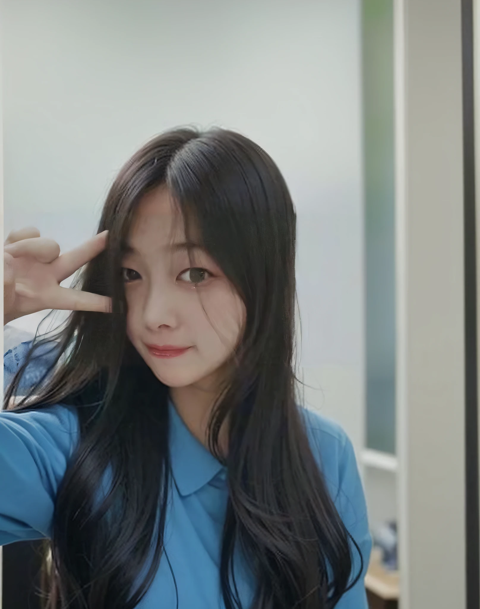 a close up of a woman with long hair and a blue shirt, cute round slanted eyes, with cute doting eyes, jaeyeon nam, ulzzang, wan adorable korean face, jinyoung shin, with cute - fine - face, she has a cute face, tzuyu from twice, her face looks like an orchid, huge downslanted eyes