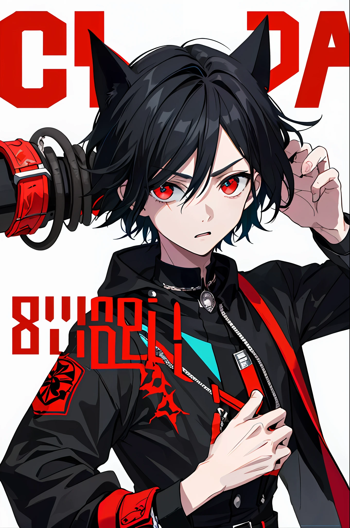 (((dramatic))), (((gritty))), (((intense))) The movie poster features a young man as the central character. With short black hair and red pupils, he stands confidently in the center of the poster, dressed in fashion-forward clothing, with no expression on his face, the background is dark and gritty, there is a sense of danger and intensity. The text is bold and eye-catching, with catchy slogans that add to the overall drama and excitement. The color palette is dominated by dark colors, dotted with bright colors, giving the poster a dynamic and visual impact, tachi-e (magazine:1.3), (cover-style:1.3), fashionable, woman, vibrant, outfit, posing, front, colorful, dynamic, background, element, confident, expressive, holding, statement, attachment, majestic, coiled, around, touch, scene, text, cover, bold, eye-catching, title, fashion, font, catchy, title, bigger, eye-catching, modern, trendy, focused, stylish,