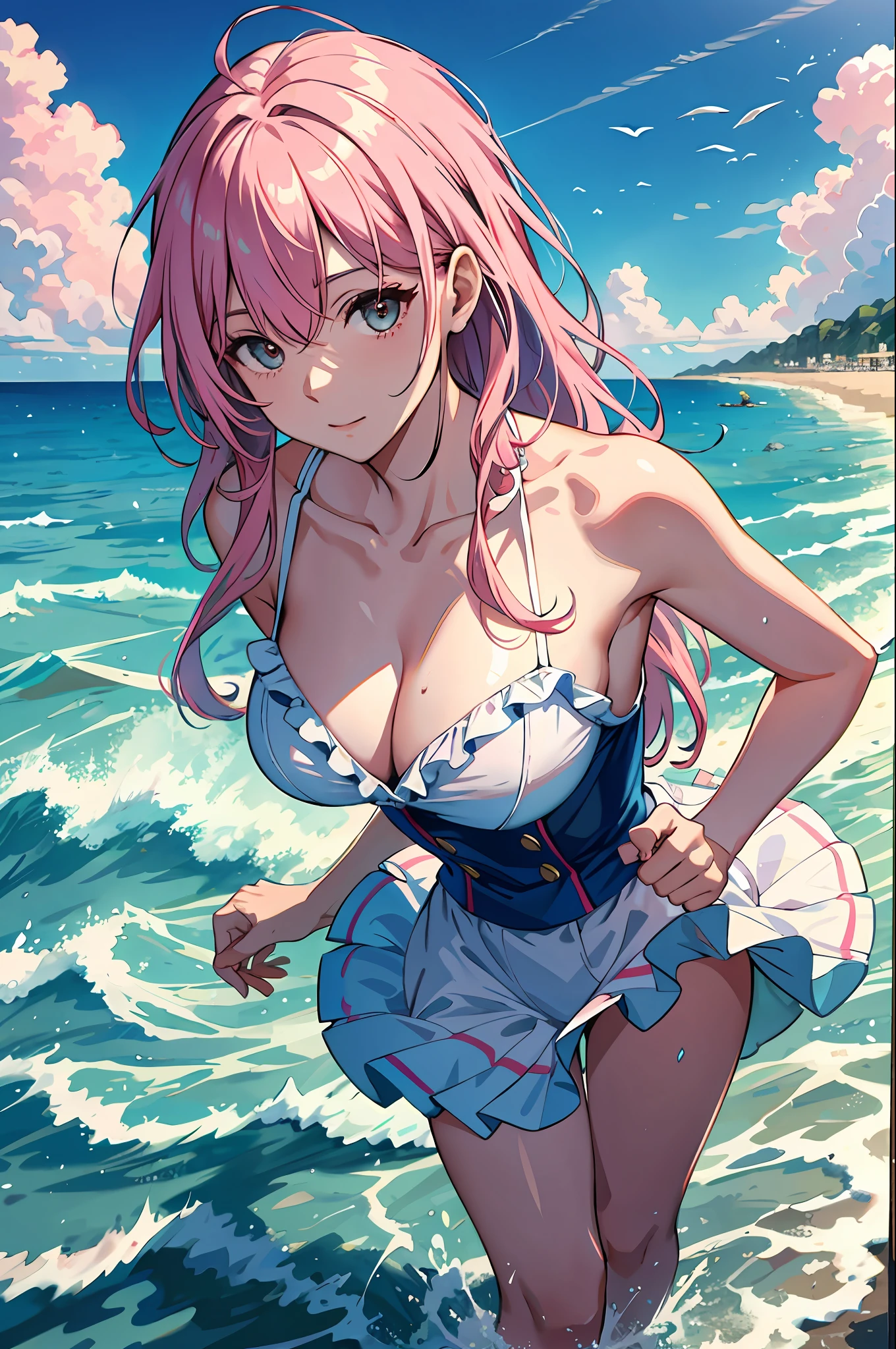 Ace, 4k, high resolution, masterpiece, best quality, model, standing in the water, seaside, sky, pretty, pink hair, turn a blind eye, waves, look from bottom up