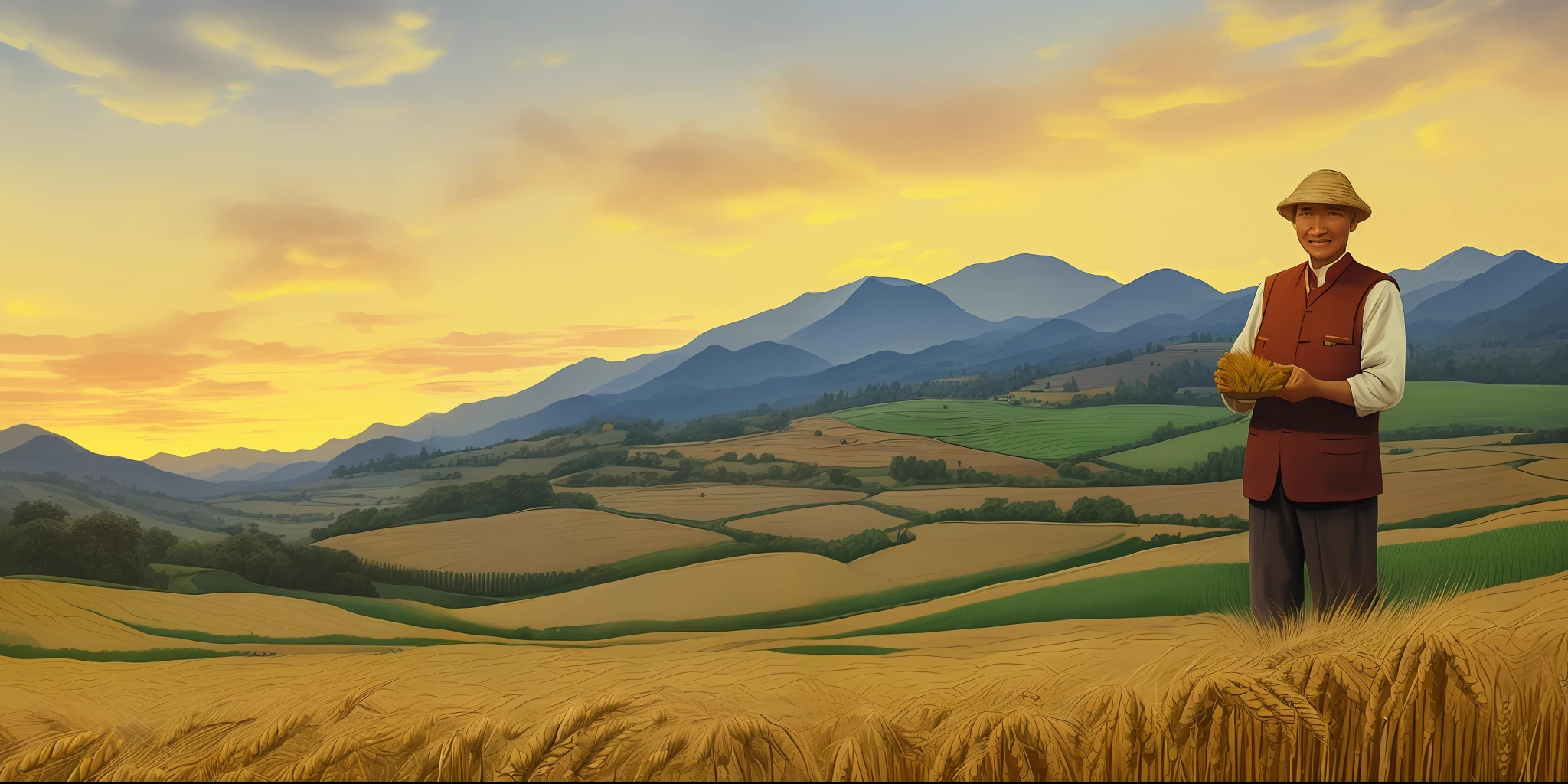 Fruitful wheat, (((Chinese farmer uncle holding wheat in his hand ))), wheat field, countryside, hillside, tractor, (woods), happy expression, autumn, (((nice sky)), mountains, illustrations, masterpieces, super high detail, stunning, surreal.