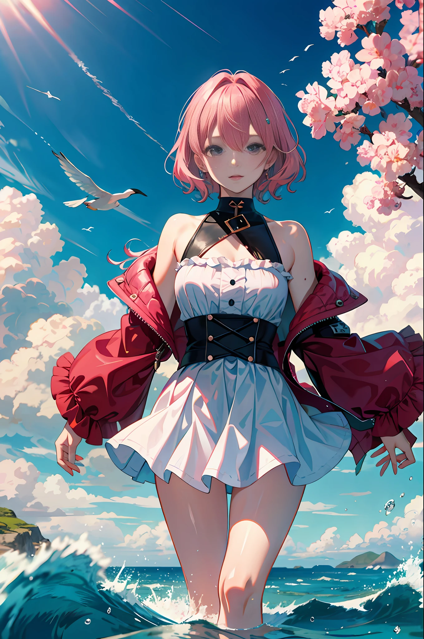Ace, 4k, high resolution, masterpiece, best quality, model, standing in the water, seaside, sky, pretty, pink hair, turn a blind eye, waves, look from bottom up