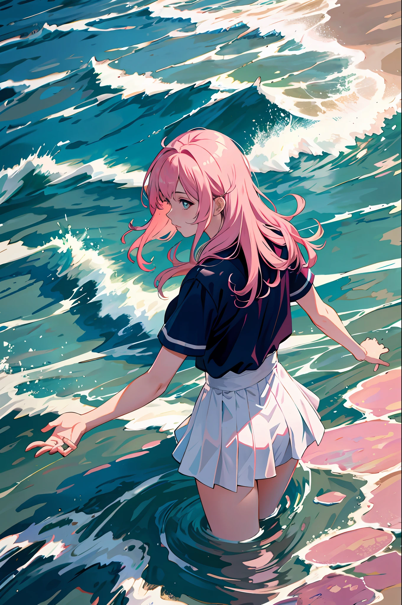 Ace, 4k, high resolution, masterpiece, best quality, model, standing in the water, seaside, sky, pretty, pink hair, turn a blind eye, waves, look from bottom up