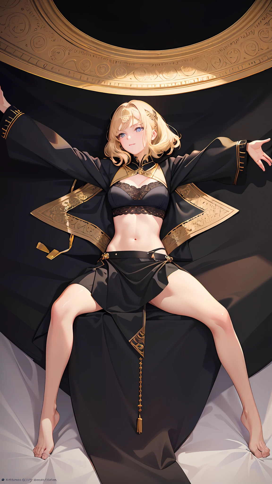 (realistic: 1.4), (masterpiece, sidelighting, finely detailed beautiful eyes: 1.2), masterpiece*portrait, realistic, 3d face, glowing eyes, shiny hair, loss skin, solo, embarrassed, (midriff), black underwear, blonde hair ,