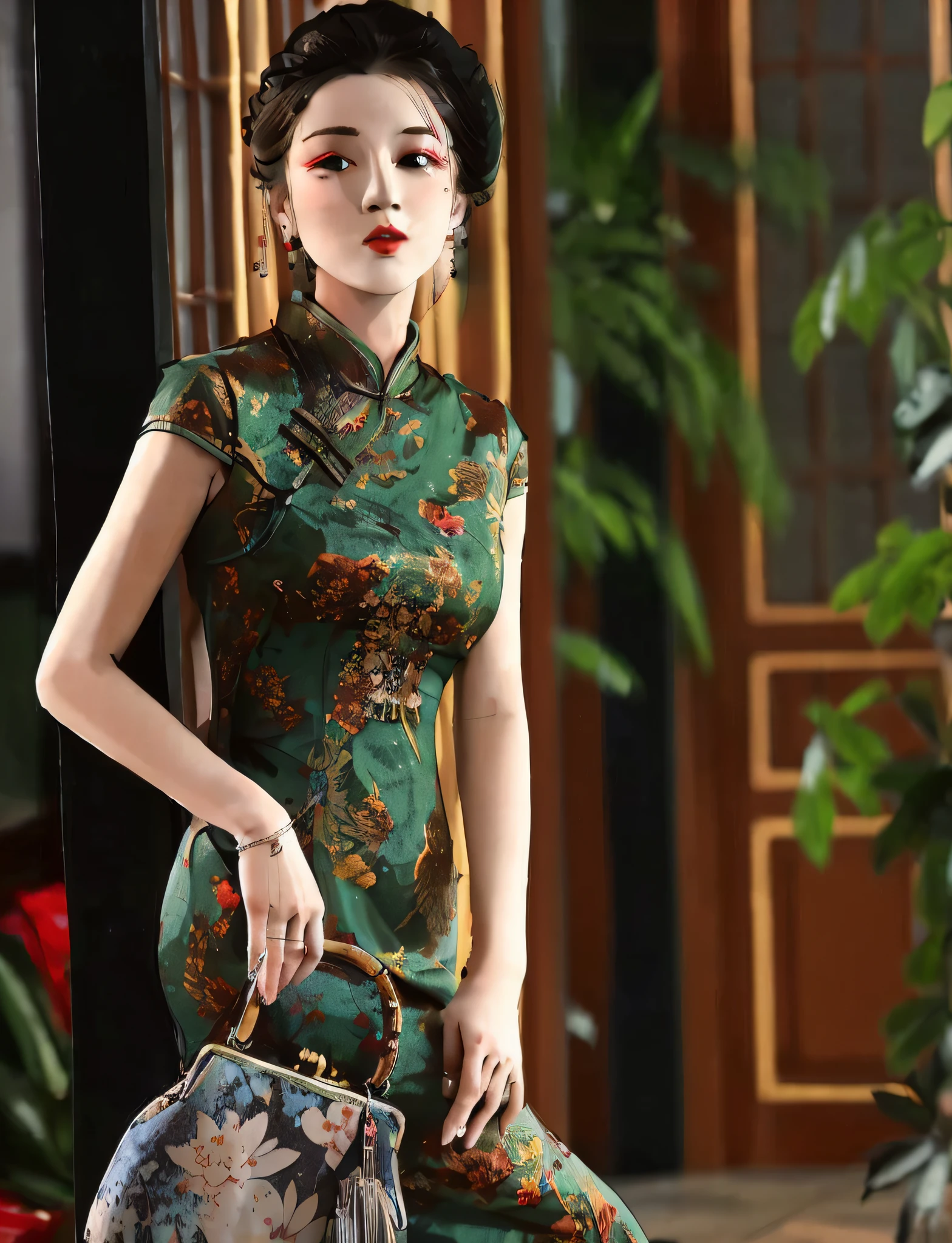 a close up of a woman in a green dress holding a purse, cheongsam, chinese dress, chinese style, traditional chinese clothing, traditional chinese, wearing a blue qipao dress, chinese woman, wearing a red cheongsam, chinese costume, with ancient chinese aesthetic, with acient chinese clothes, wearing beautiful clothes, chinese girl, wearing gorgeous clothing