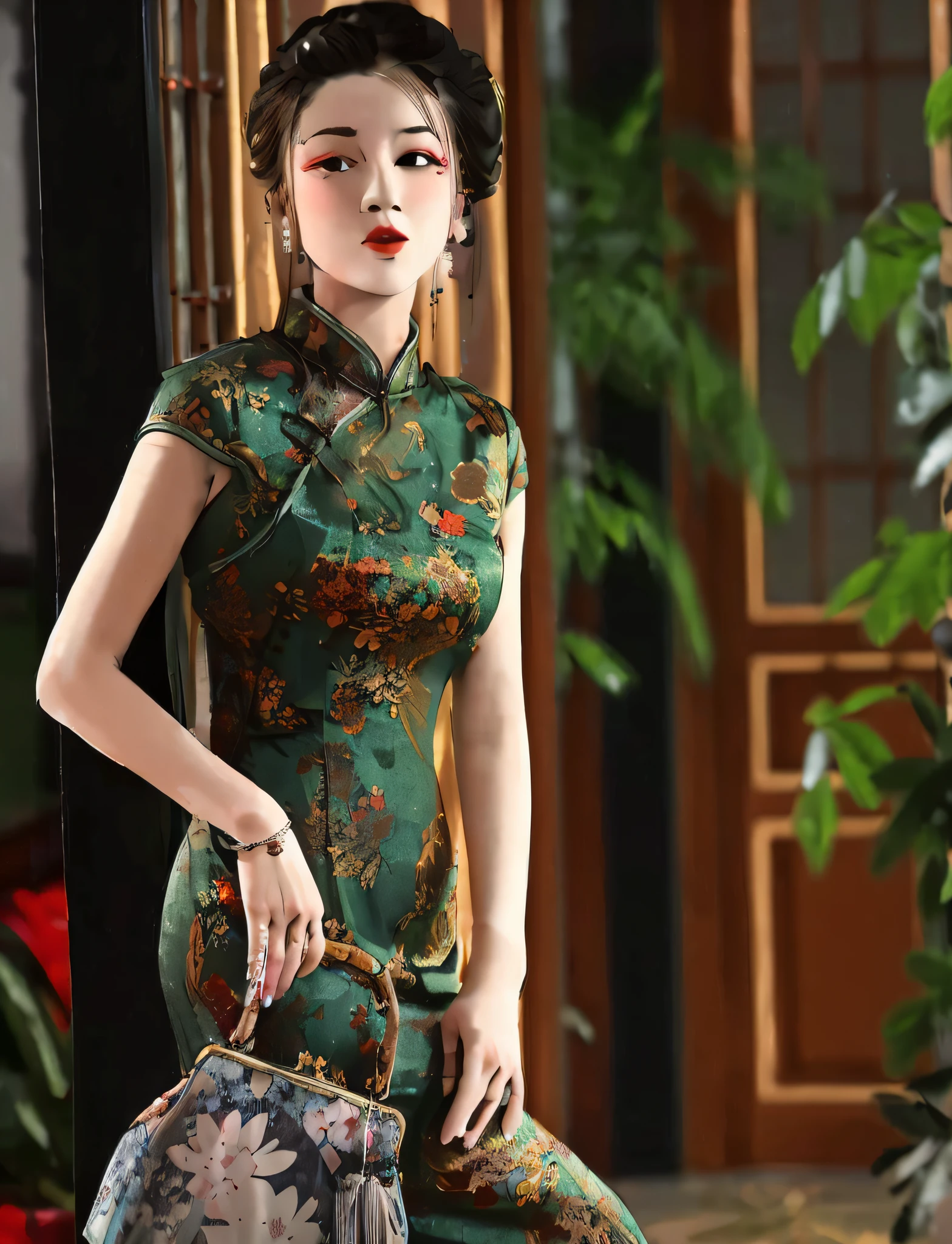 a close up of a woman in a green dress holding a purse, cheongsam, chinese dress, chinese style, traditional chinese clothing, traditional chinese, wearing a blue qipao dress, chinese woman, wearing a red cheongsam, chinese costume, with ancient chinese aesthetic, with acient chinese clothes, wearing beautiful clothes, chinese girl, wearing gorgeous clothing