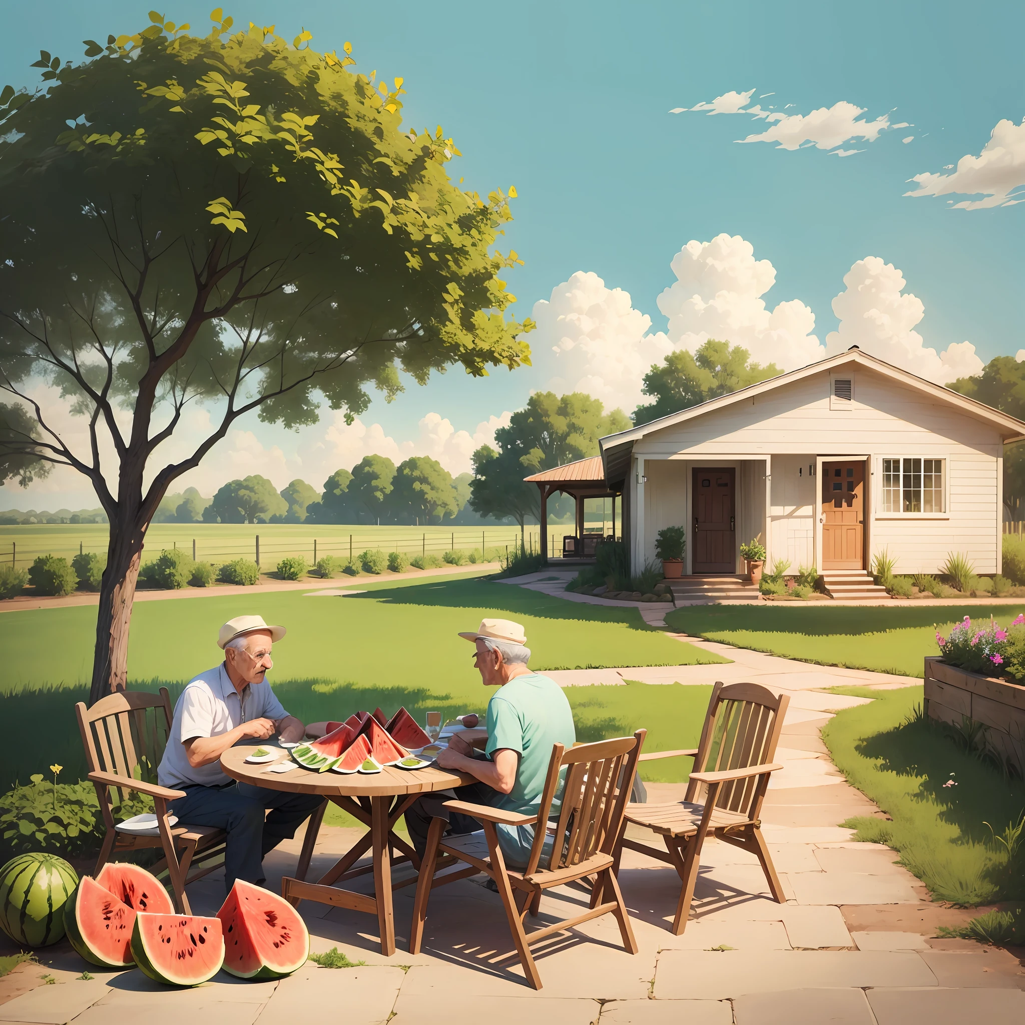 House, art style, farm yard, relax, back door yard, watermelon on the table, grandpa under the vine, chill, breeze, good weather --auto --s2