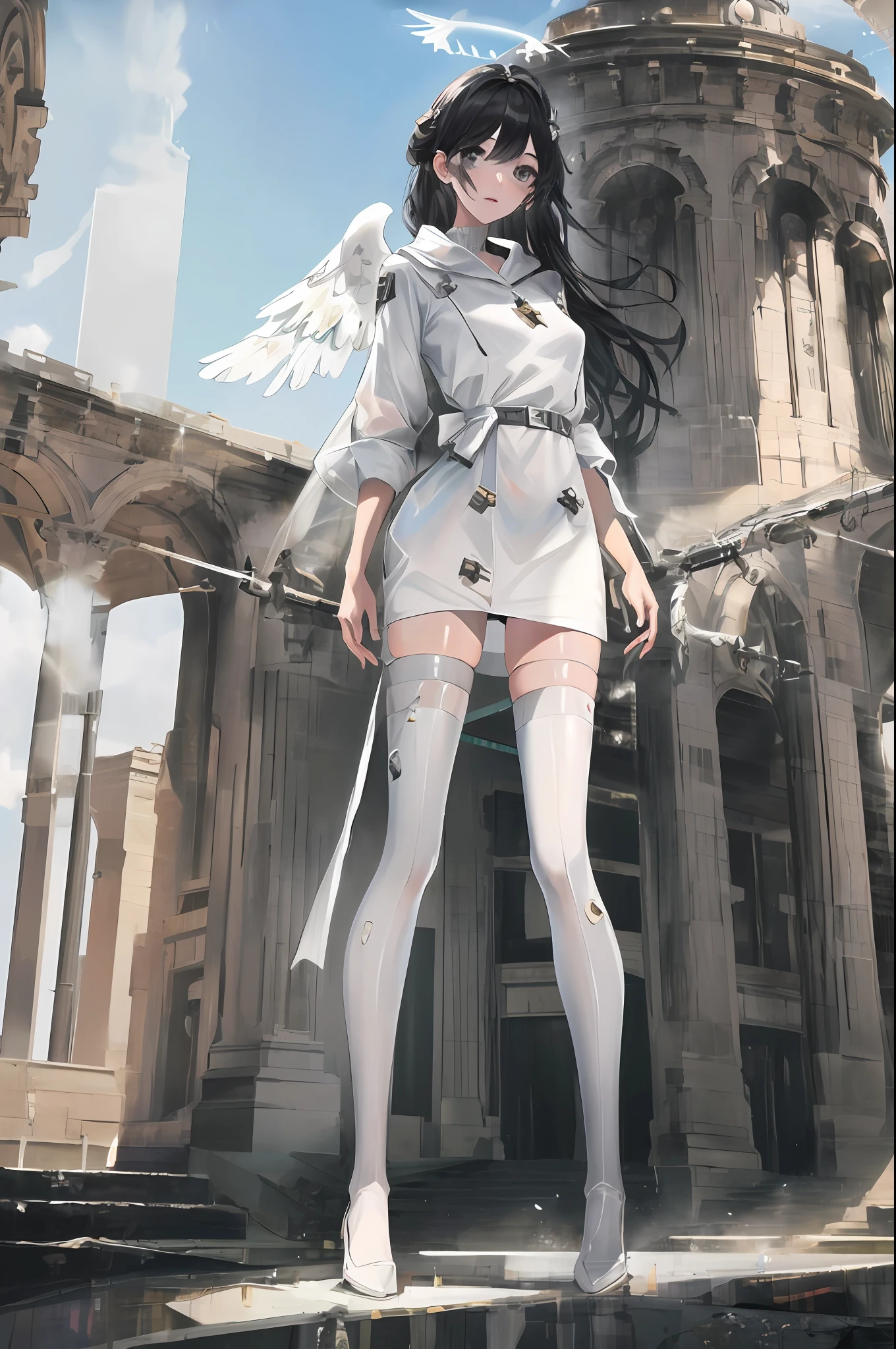 Photorealistic, (hyperrealistic: 1.2), masterpiece, best quality, 1girl, black hair, angel, innocent, black eyes, crown, angel wings, white clothes, full body, sky, halo, post apocalypse,