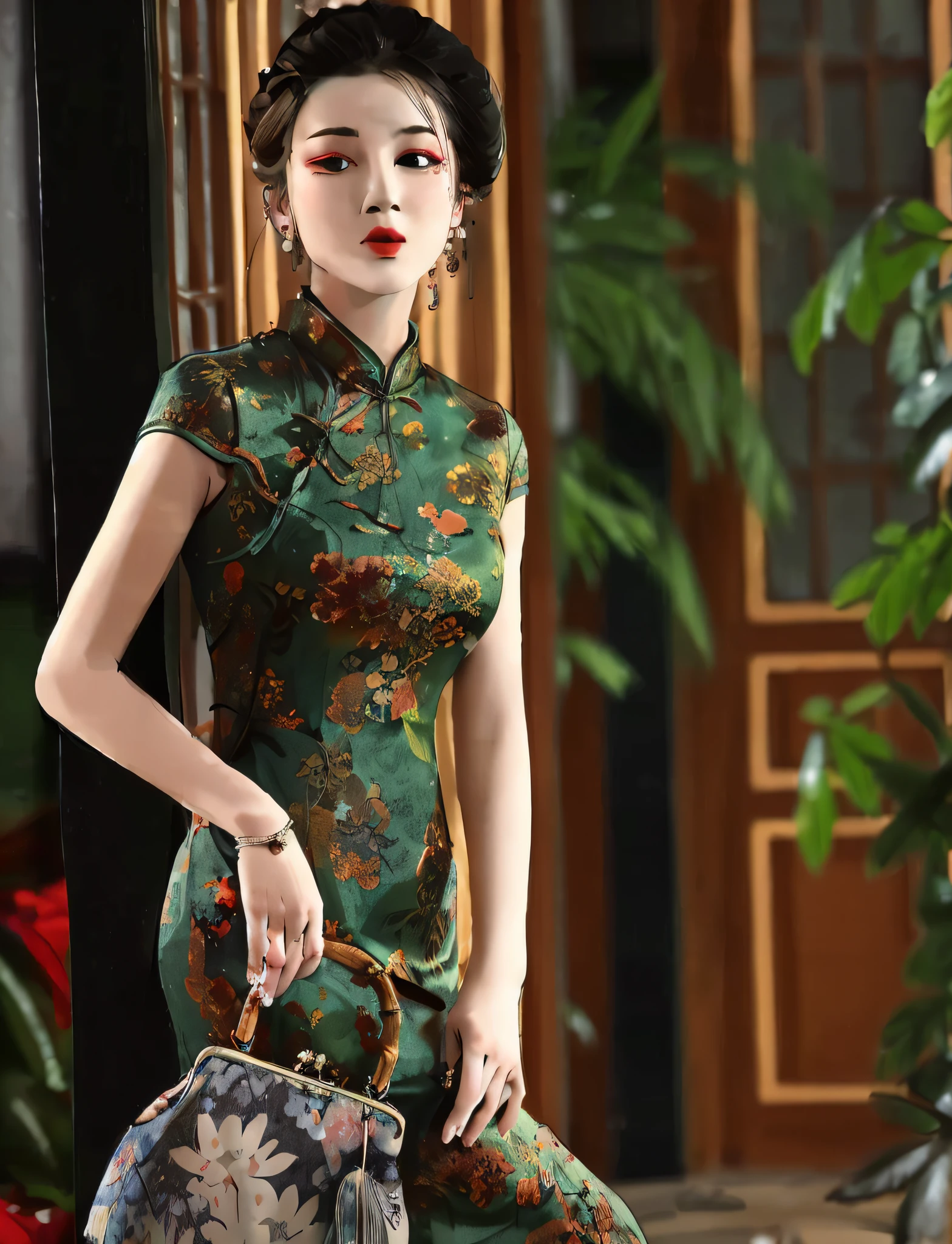 a close up of a woman in a green dress holding a purse, cheongsam, chinese dress, chinese style, traditional chinese clothing, traditional chinese, wearing a blue qipao dress, chinese woman, wearing a red cheongsam, chinese costume, with ancient chinese aesthetic, with acient chinese clothes, wearing beautiful clothes, chinese girl, wearing gorgeous clothing