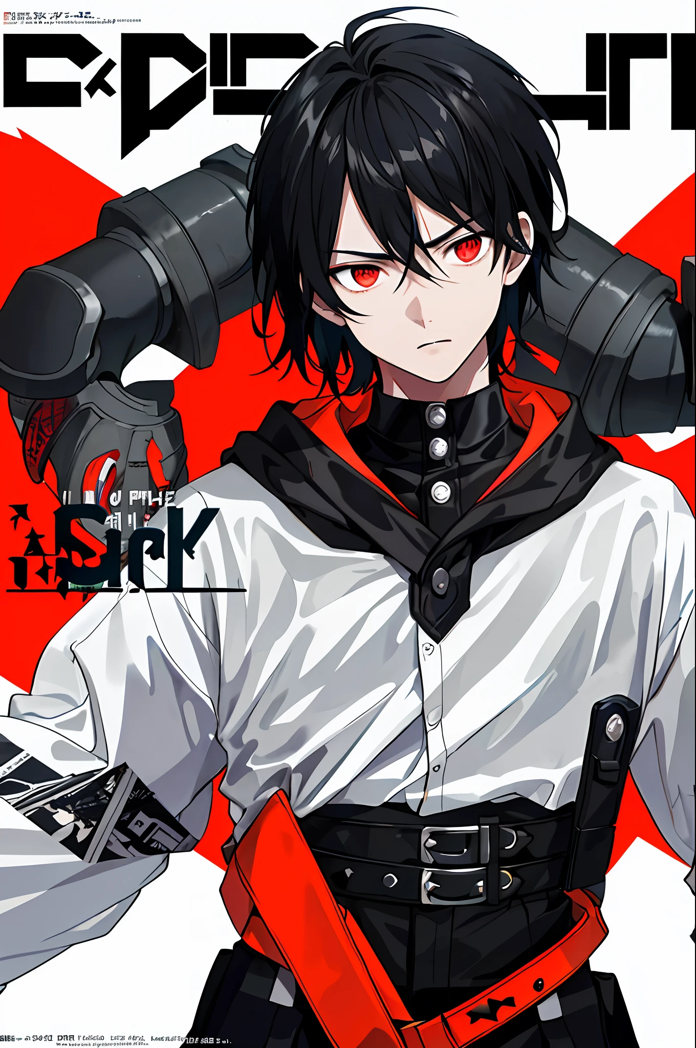 (((dramatic))), (((gritty))), (((intense))) The movie poster features a young man as the central character. With short black hair and red pupils, he stands confidently in the center of the poster, dressed in fashion-forward clothing, with no expression on his face, the background is dark and gritty, there is a sense of danger and intensity. The text is bold and eye-catching, with catchy slogans that add to the overall drama and excitement. The color palette is dominated by dark colors, dotted with bright colors, giving the poster a dynamic and visual impact, tachi-e (magazine:1.3), (cover-style:1.3), fashionable, woman, vibrant, outfit, posing, front, colorful, dynamic, background, element, confident, expressive, holding, statement, attachment, majestic, coiled, around, touch, scene, text, cover, bold, eye-catching, title, fashion, font, catchy, title, bigger, eye-catching, modern, trendy, focused, stylish,